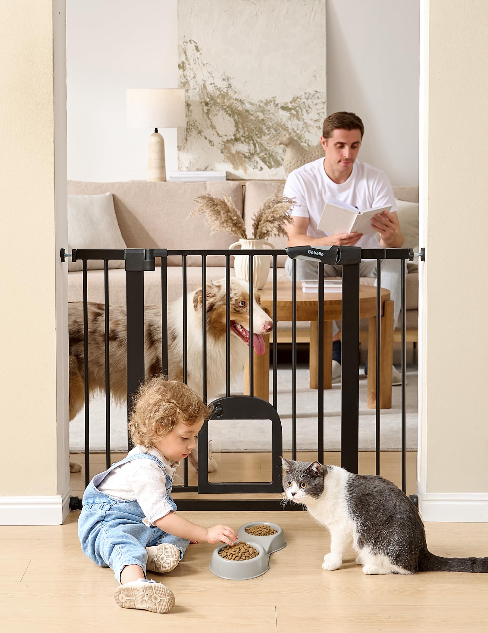 Babelio Upgraded Baby Gate with Cat Door, 29-43" Auto Close Durable Dog Gate for Stairs, Doorways and House, Easy Walk Thru Safety Gate with Pet Door Includes 4 Wall Cups, Black