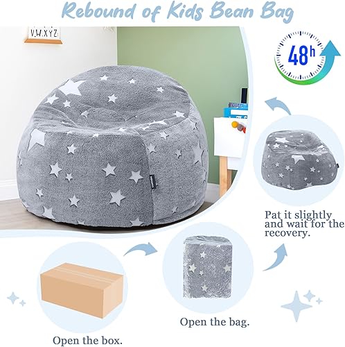 Miniatura 6 de COMAX Puf para niños, sofá con relleno de puf para niños y niñas, silla de piso perezosa para sala de juegos, cuarto de bebé, estrella gris brillante