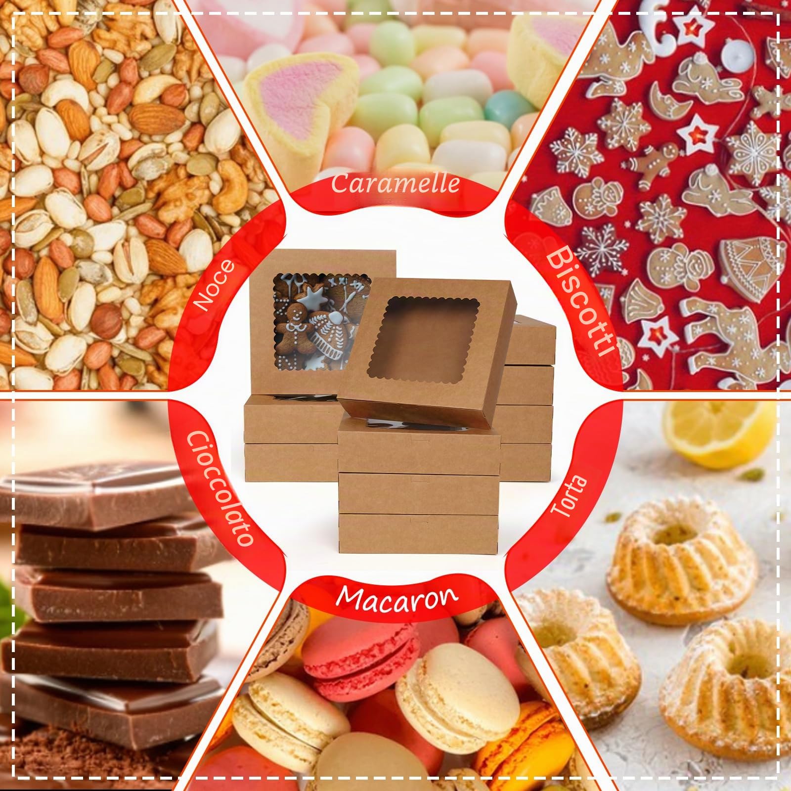 20 Pezzi Scatole per Dolci 25,4 x 25,4 x 6,4 cm Scatola per Torte in Cartone Kraft con Finestra Trasparente per Feste di Natale Biscotti Pasticcini Cupcake Confezioni