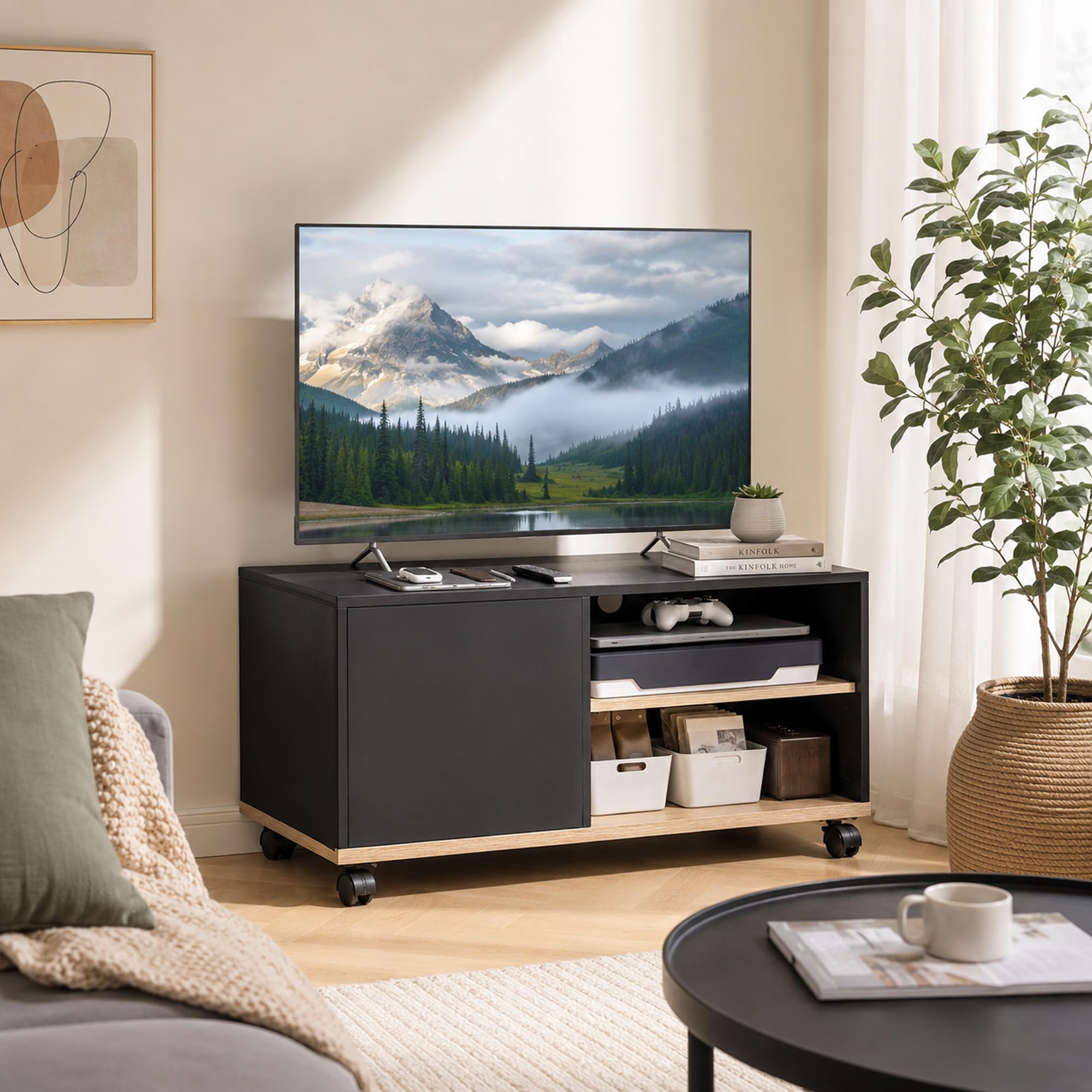 HOMCOM TV Schrank Lowboard auf Rollen mit Schrank, Kabelführung und Verstellbarer Ablage, Fernsehtisch für Fernseher bis 32 Zoll, TV Board für Wohnzimmer, Schwarz und Eiche, 80 x 45 x 41 cm