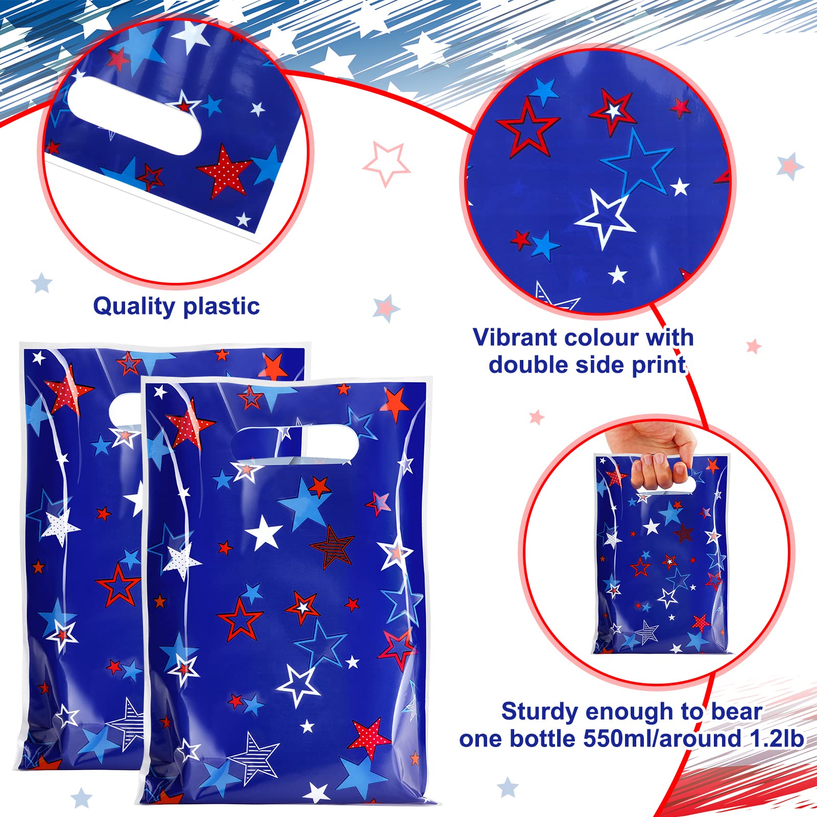 MASHAN 50 Pieces 4th of July Goodie Bags Bulk, Patriotic Gift Bags,Plastic Treat Gift Handles Bag with Red White Blue Star for Independence Day Memorial Day Veterans Day Decorations Party Supplies