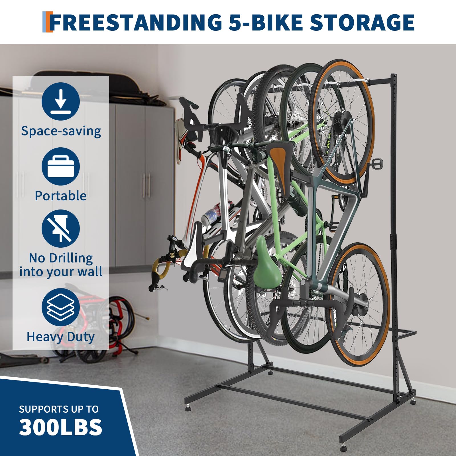 Garvee Soporte de Almacenamiento para 5 Bicicletas Resistente, con Patas Ajustables y Ganchos Recubiertos de PVC, Capacidad 300 lbs (136 kg), Organizador de Acero para Interior y Exterior
