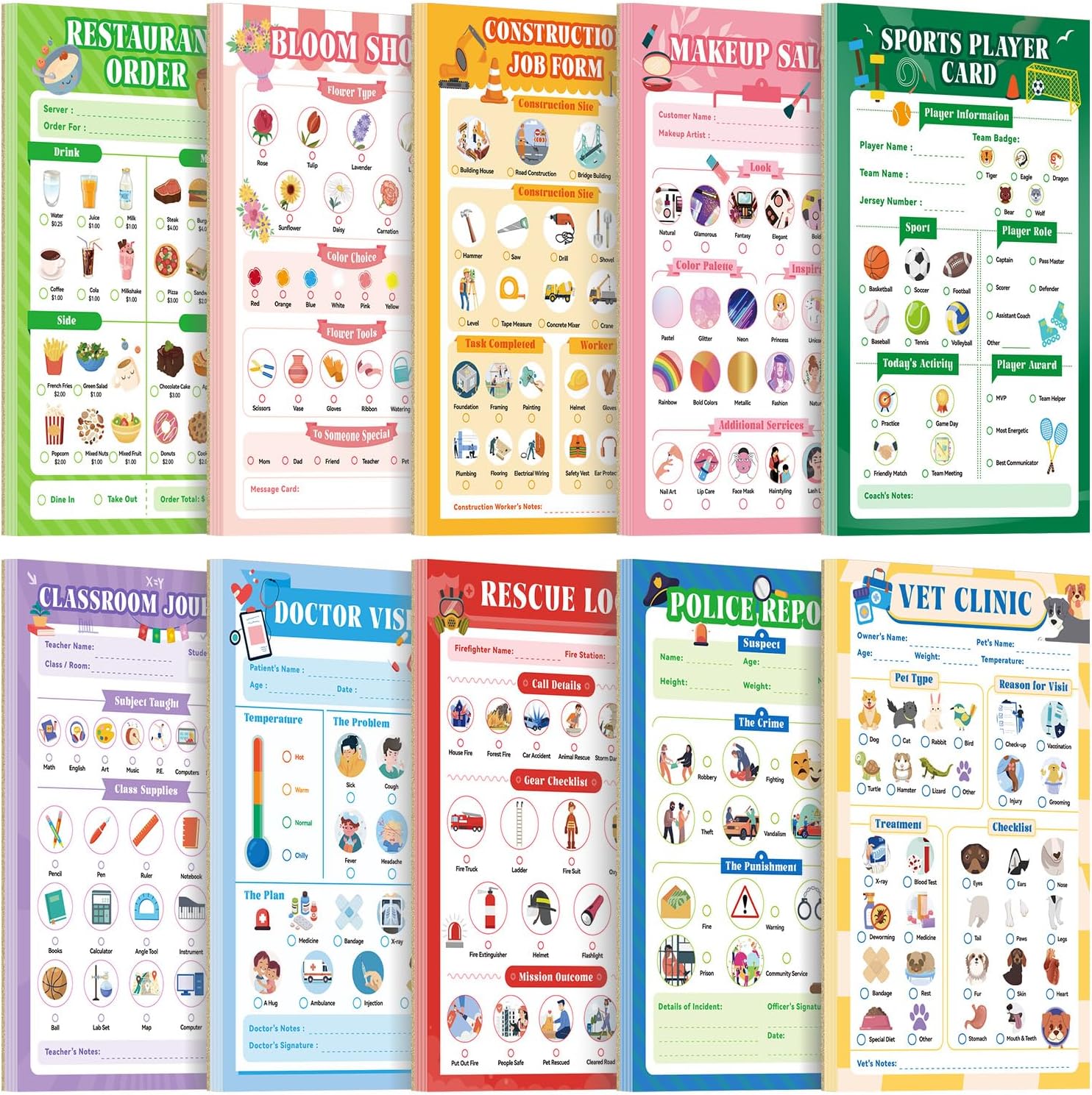 10 Pack Kids Pretend Play Notepads, 40 Pages Kids Playtime Pads, 4'' x 6'' All Roles Imaginative Role Play Activity Set, Educational Toys for Toddlers