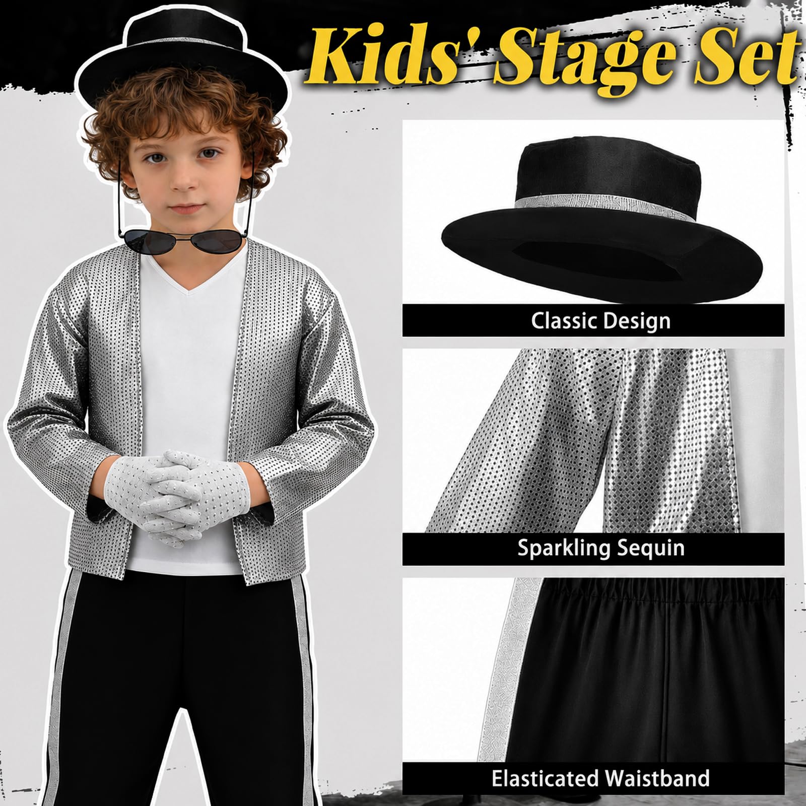 SINSEN Pop Star Costume for Kids 80s 90s Disco Outfit Sequin Jacket Pants Hat T-Shirt Gloves Sunglasses Necklace Fancy Dress Costume for Halloween Cosplay Party World Book Day 3-12 Years - Image 4