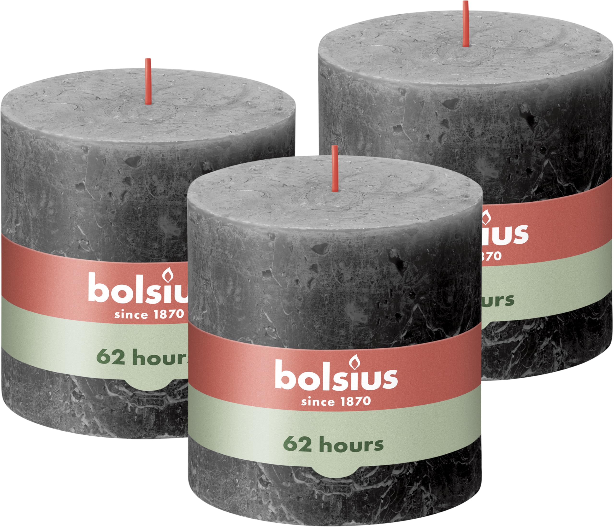 Bolsius - Rustic Pillar Candle - Anthracite - 10 x 10 cm - Pack 3,Dark Grey