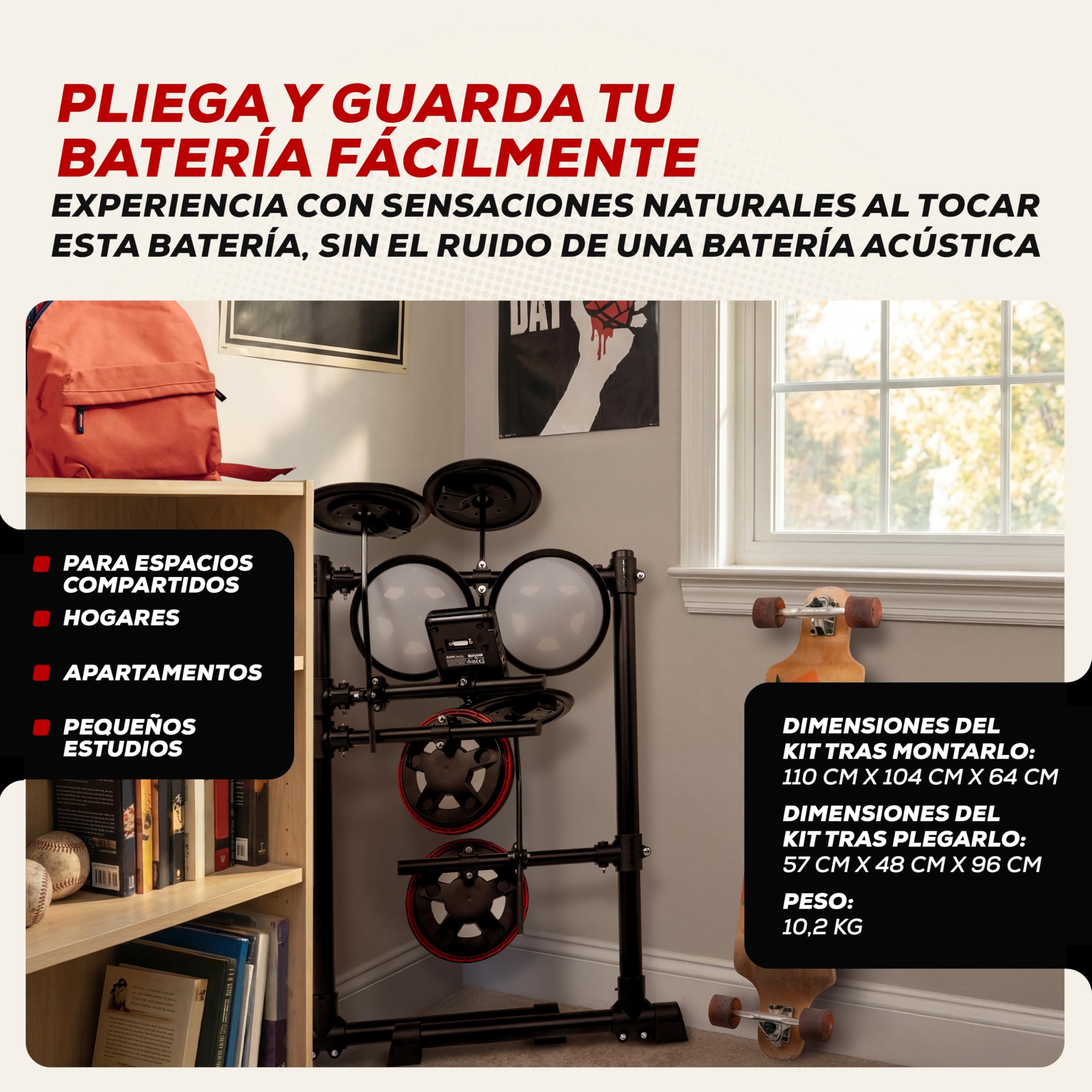 Alesis Turbo Max Batería Electrónica | Compacta, Plegable, Pads de Malla Silenciosos, Toms de 8", Platillos de 8", Bluetooth, Banqueta, Auriculares, Baquetas