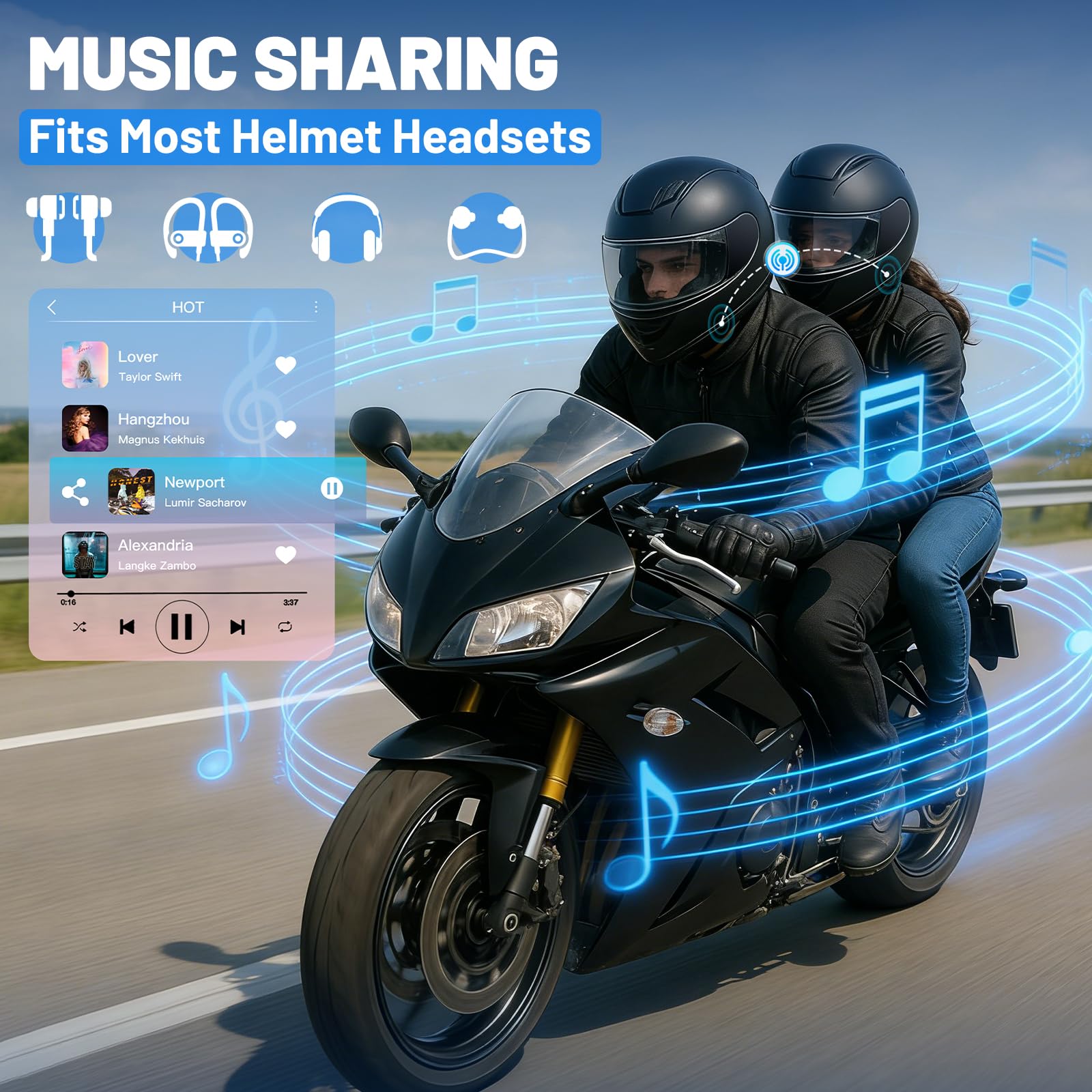 Intercom Moto Duo per 2 caschi, Bluetooth 5.4 con condivisione musicale, sistema di comunicazione da 500 m per 2 motociclisti, IP56 impermeabile - compatibile con tutti i caschi (confezione da
