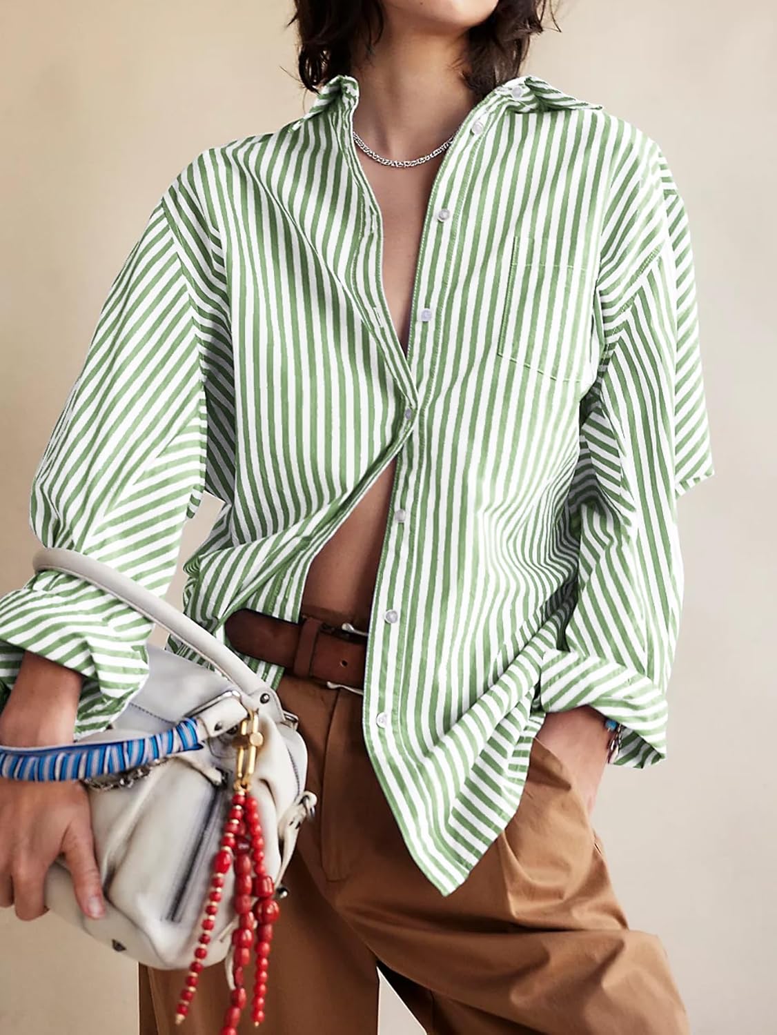 Besshopie Womens Button Down Shirts Stripe Long Sleeve Blouse Casual Work Office Shirt Oversize Tops - Image 2