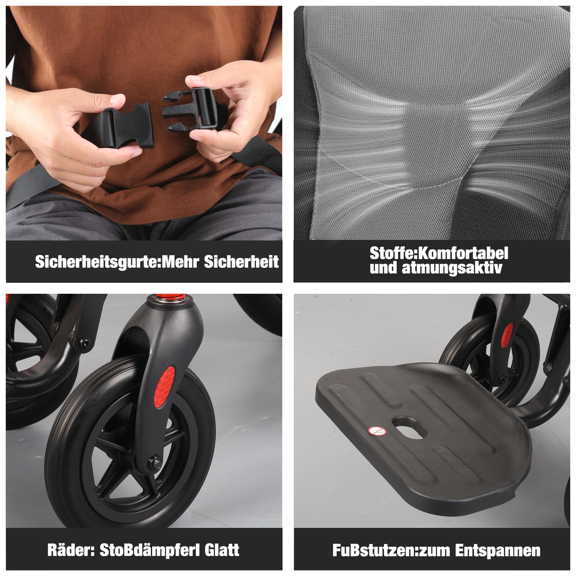 Rollstuhl Faltbar Leicht für Erwachsene und Senioren, Tragbarer Reisestuhl mit Abnehmbarem Polster und 12-Zoll-Rädern, Ergonomischer Rollstuhl, Höhenverstellbar, für Jedes Gelände Geeignet