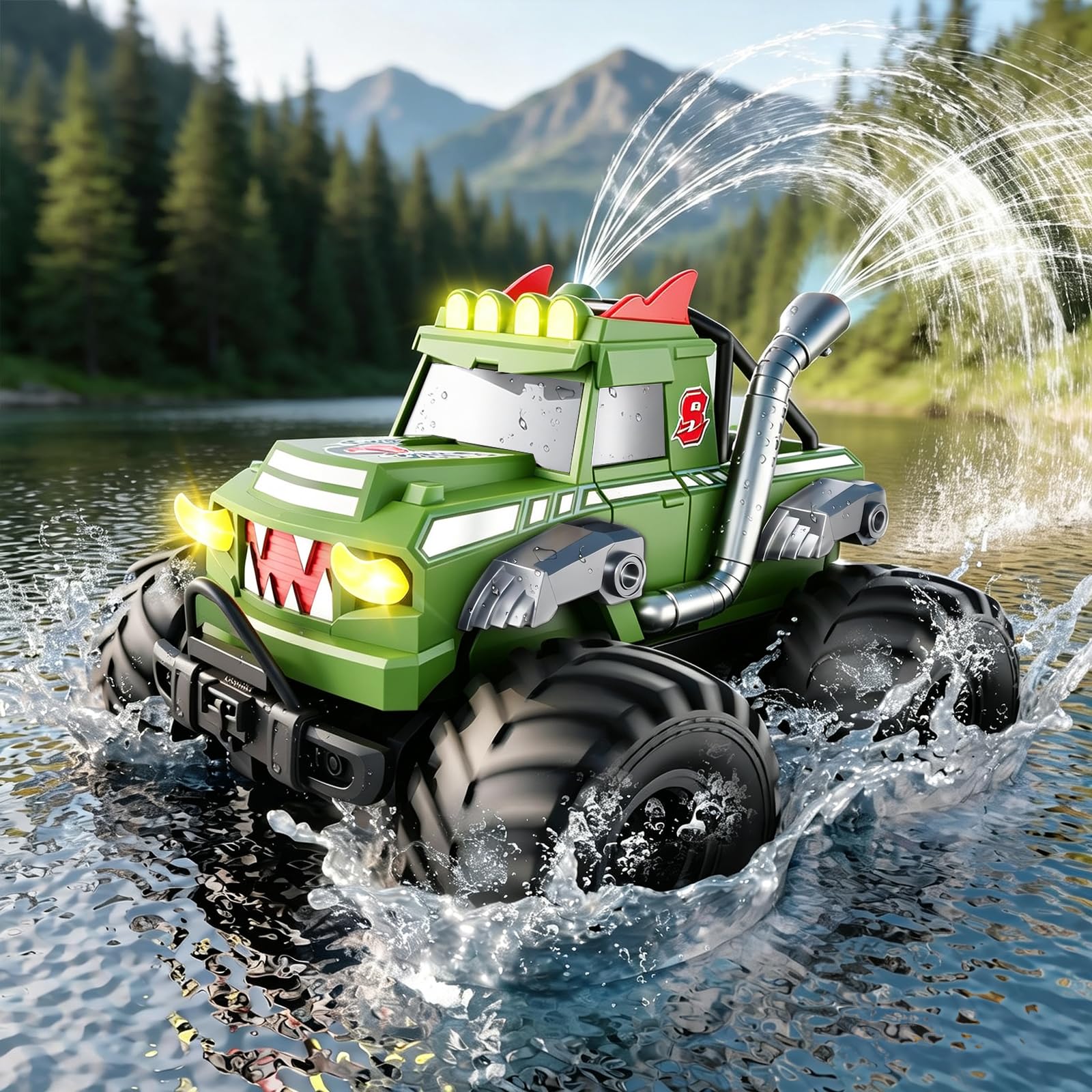 Nitigo Coche Teledirigido - 4WD Monster Truck con Cañón de Agua, 1:16 Coche RC Anfibio con Luces LED 20 Km/h, 2 Baterías Recargables 90 Min de Autonomía, para Niños 6-12 Años y Adultos (Verde)