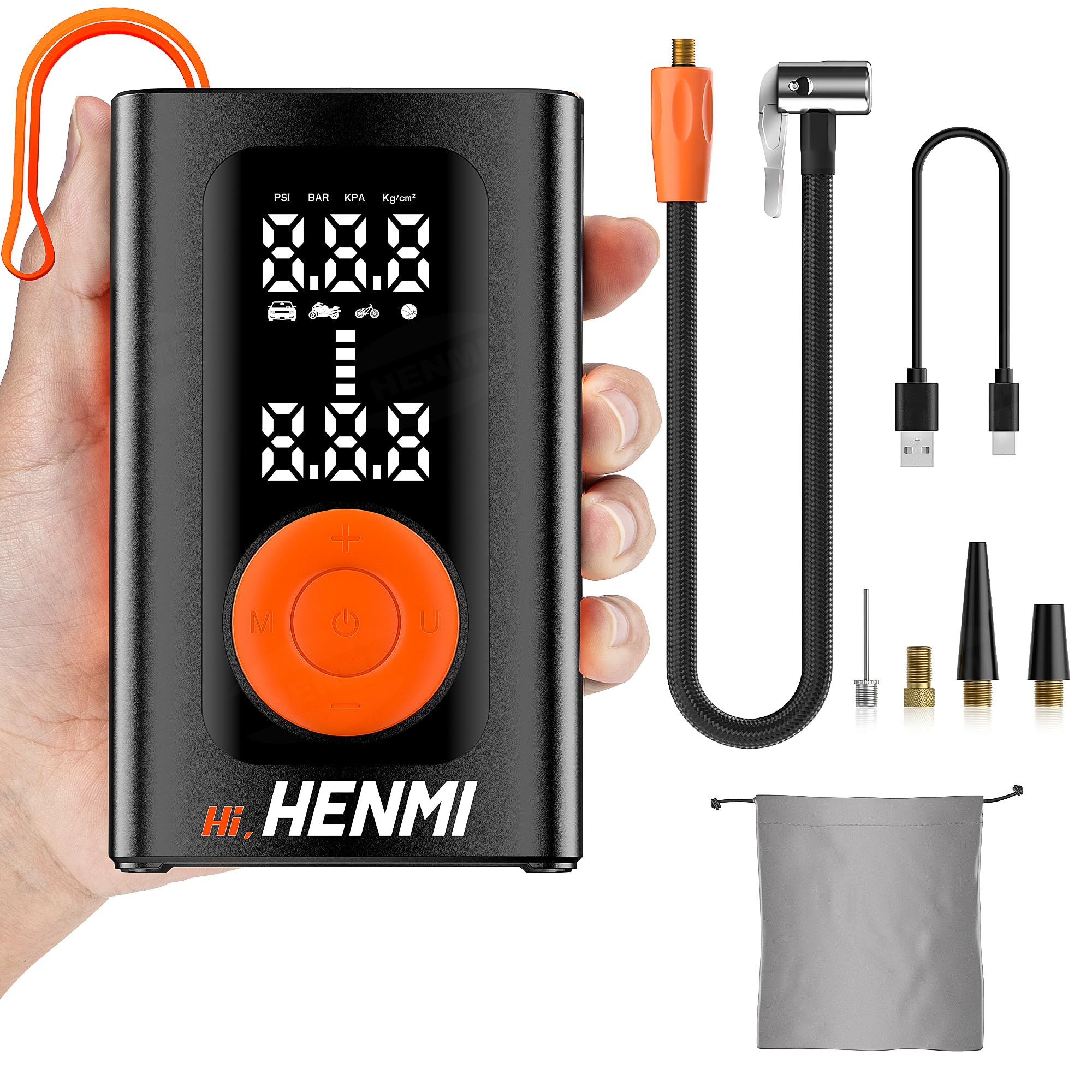 HENMI Elektrische Luftpumpe, Akku Luftpumpe Auto mit alle ventile (10,3-11,7 Bar), 7500-18000 mAh Fahrradpumpe Elektrisch mit Digitalanzeige Manometer für Fahrrad, EBike, Wohnmobil, Bälle