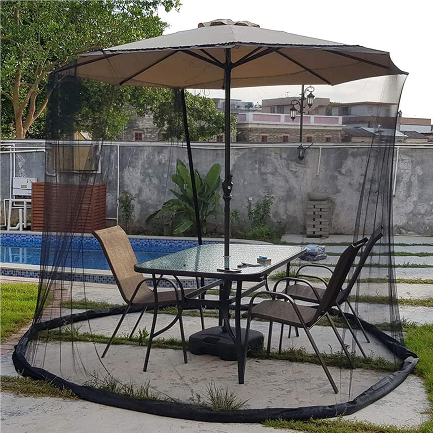 Umbrella Net Cover Parasol Mosquito Net Zipper Drawstring Canopy Water Injection Fixed Windproof Outdoor Patio Yard 300 * 230cm/118 * 90in