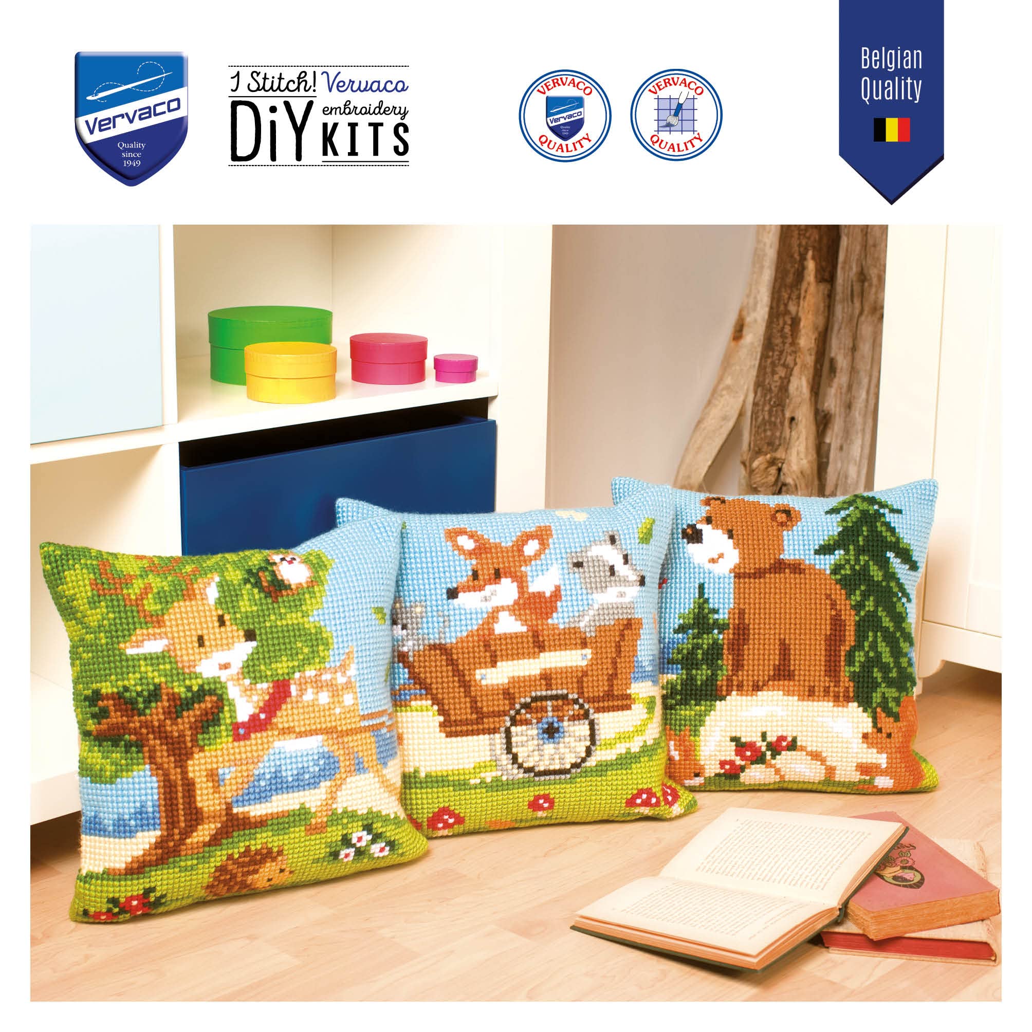 Vervaco "Forest Friends in Cart Cushion Counted Cross Stitch Kit, 100 Percent Cotton, Multi-Colour, 40 x 2 x 40 cm - Image 3