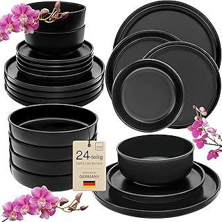 SÄNGER Madeira 24-Piece Crockery Set, Stoneware Crockery Set for 6 People, 6 x Plates Set, 6 x Breakfast Plates, 6 x Deep Plates, 6 x Pasta Bowls, Crockery Set and Bowl, Matte Black, Value Collection