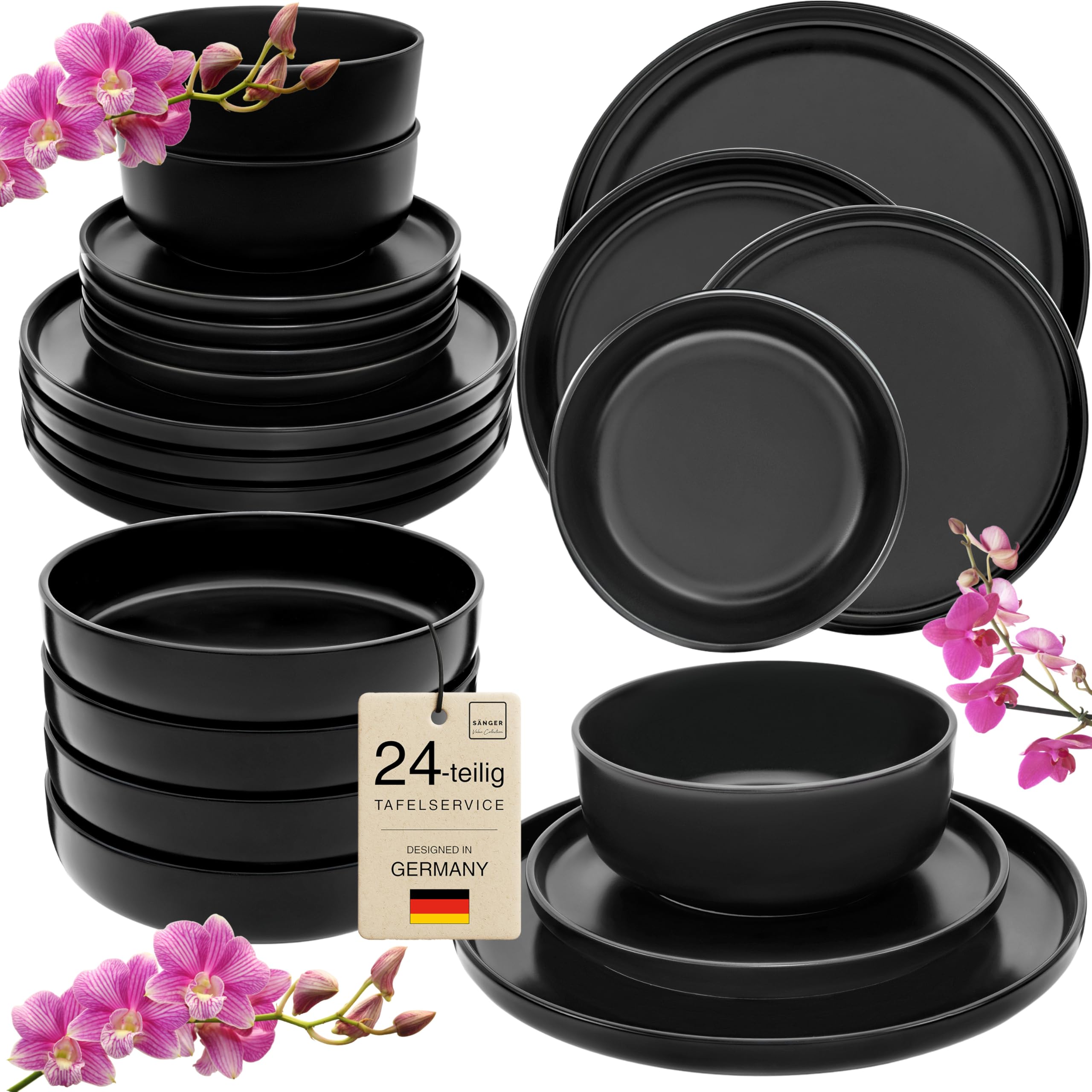 SÄNGER Madeira | Tafelservice 24 teilig, Steingut Geschirr Set 6 Personen, 6x Teller Set 6x Frühstücksteller 6x Tiefe Teller 6x Pastaschalen Geschirrset und Schale schwarz matt | VALUE COLLECTION