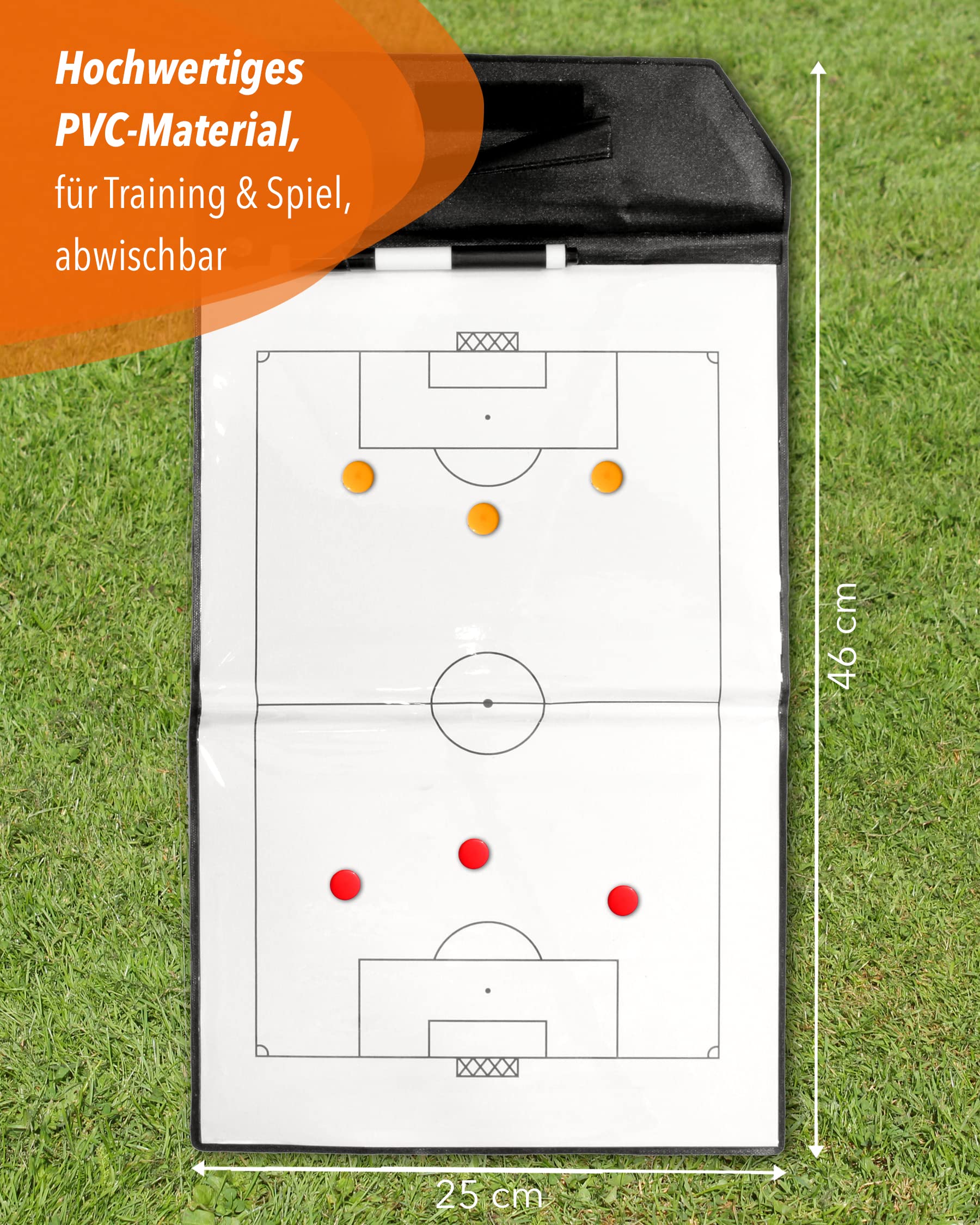 Magnetische Taktikmappe faltbar – 46 x 25 cm aufgeklappt – Trainer-Board mit Magneten & Stift – für Fußballtraining & Taktikschulung