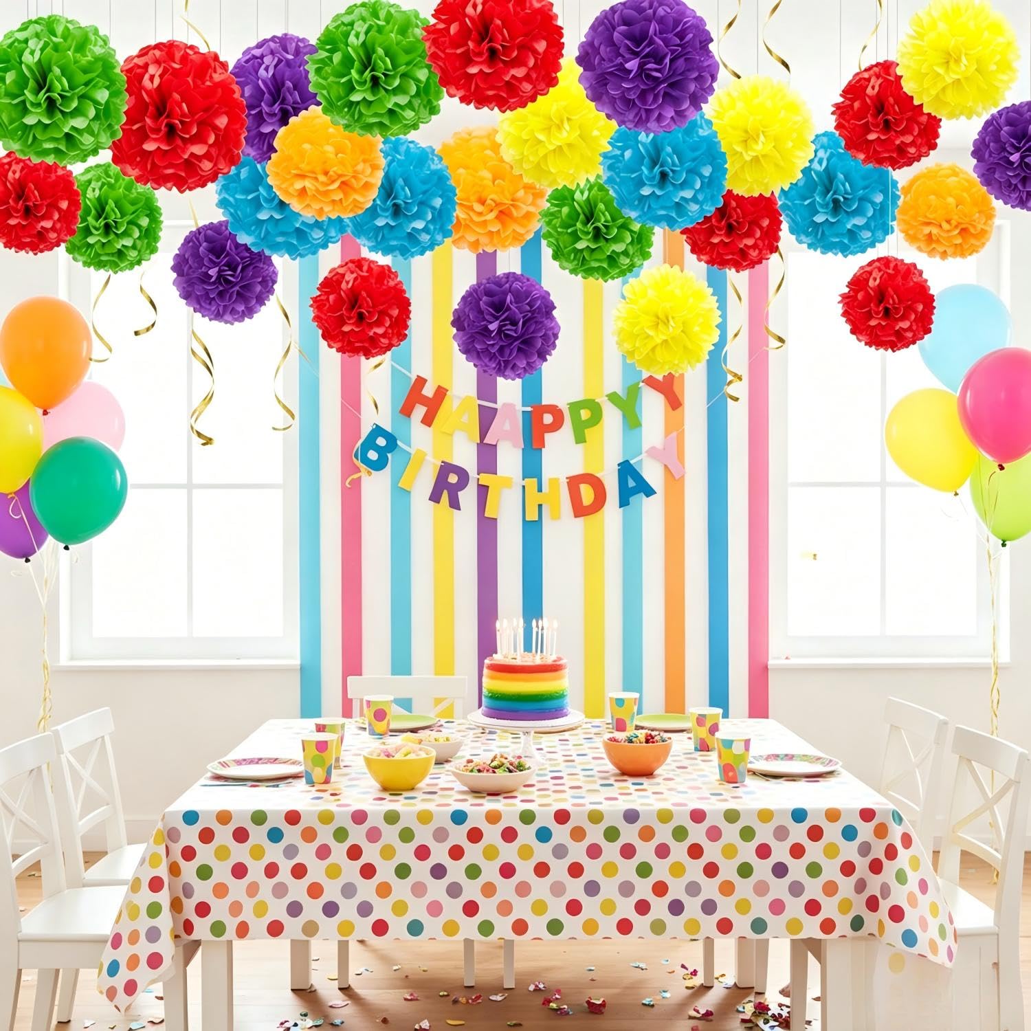 Mehrfarbige Papier-Pompons, Regenbogen-Pompons, hängende Dekorationen, Regenbogen-Party-Dekorationen (12 Stück)