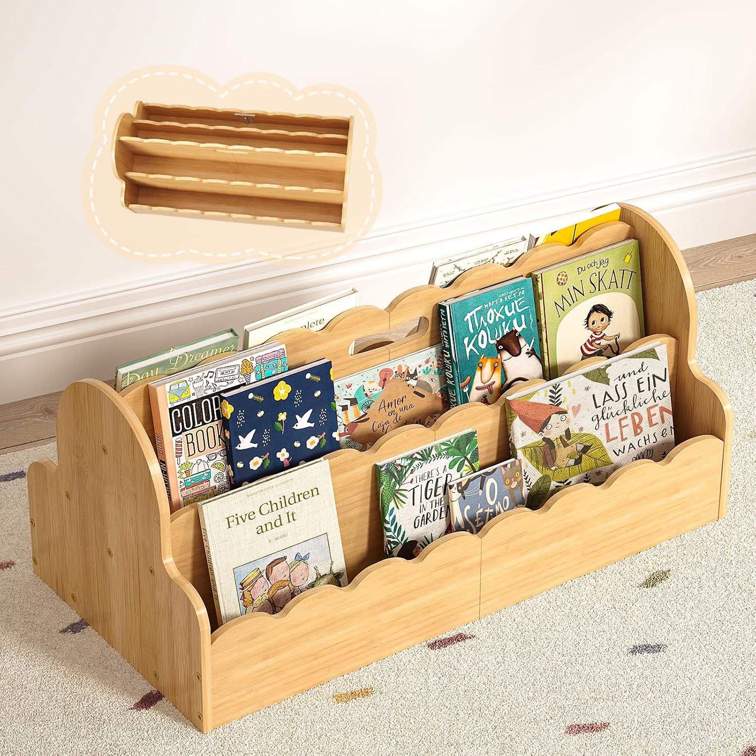 ELYKEN Bamboo Kids Bookshelf, Montessori Toddler Bookcase Organizer with Handles for Nursery, Playroom, Bedroom, 3-Tier Natural Children’s Book Shelf