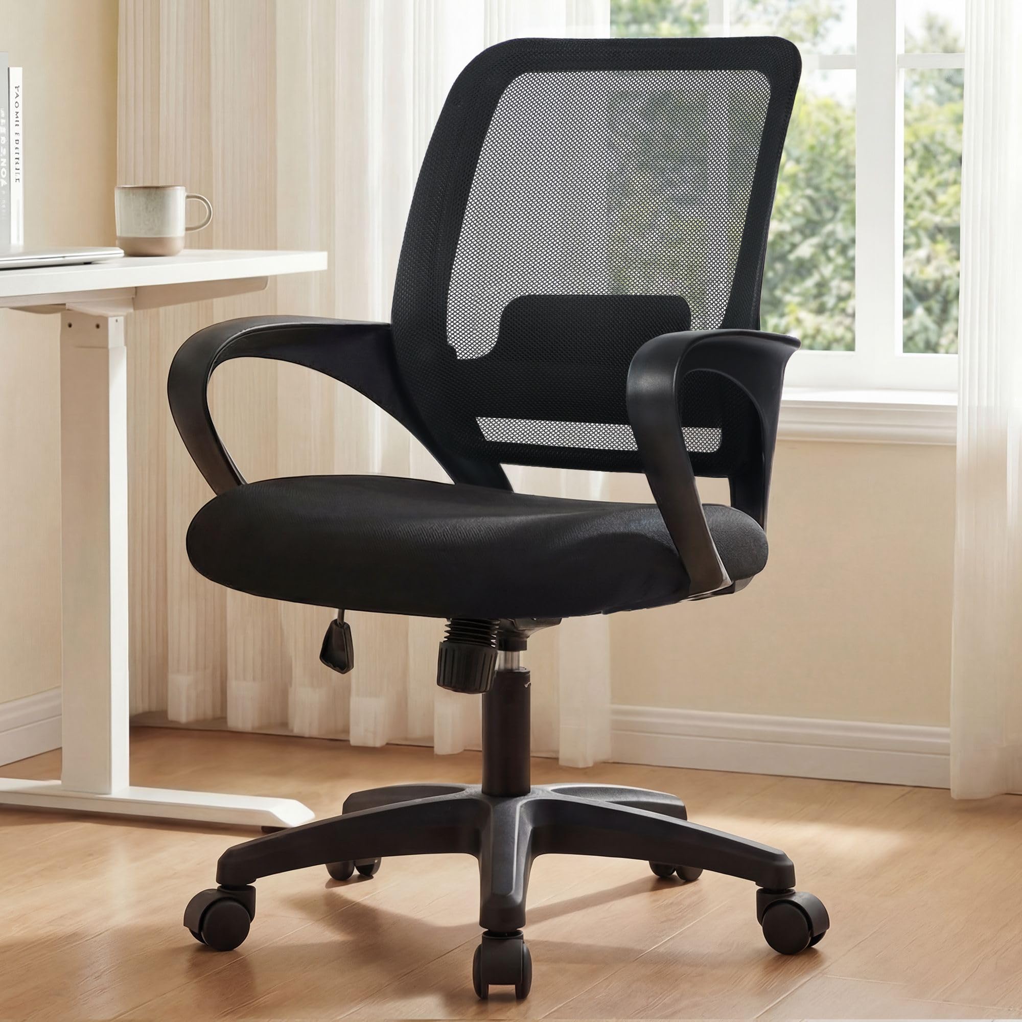 NEO Chair Office Desk Ergonomic Mesh Computer Chair with Lumbar Support Adjustable Height Swivel Rolling Wheels Comfy Mid Back Task Chair for Home Bedroom Vanity Study (Black)