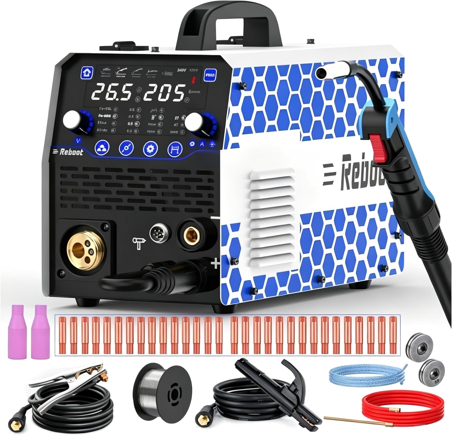 Reboot 205A 7-in-1 Multiprocess Welder – MIG MAG MMA Lift TIG Spot Welder with Digital Display, 240V – Gasless & Aluminium Ready Flux Core Welding Machine for DIY Workshop Auto Repair