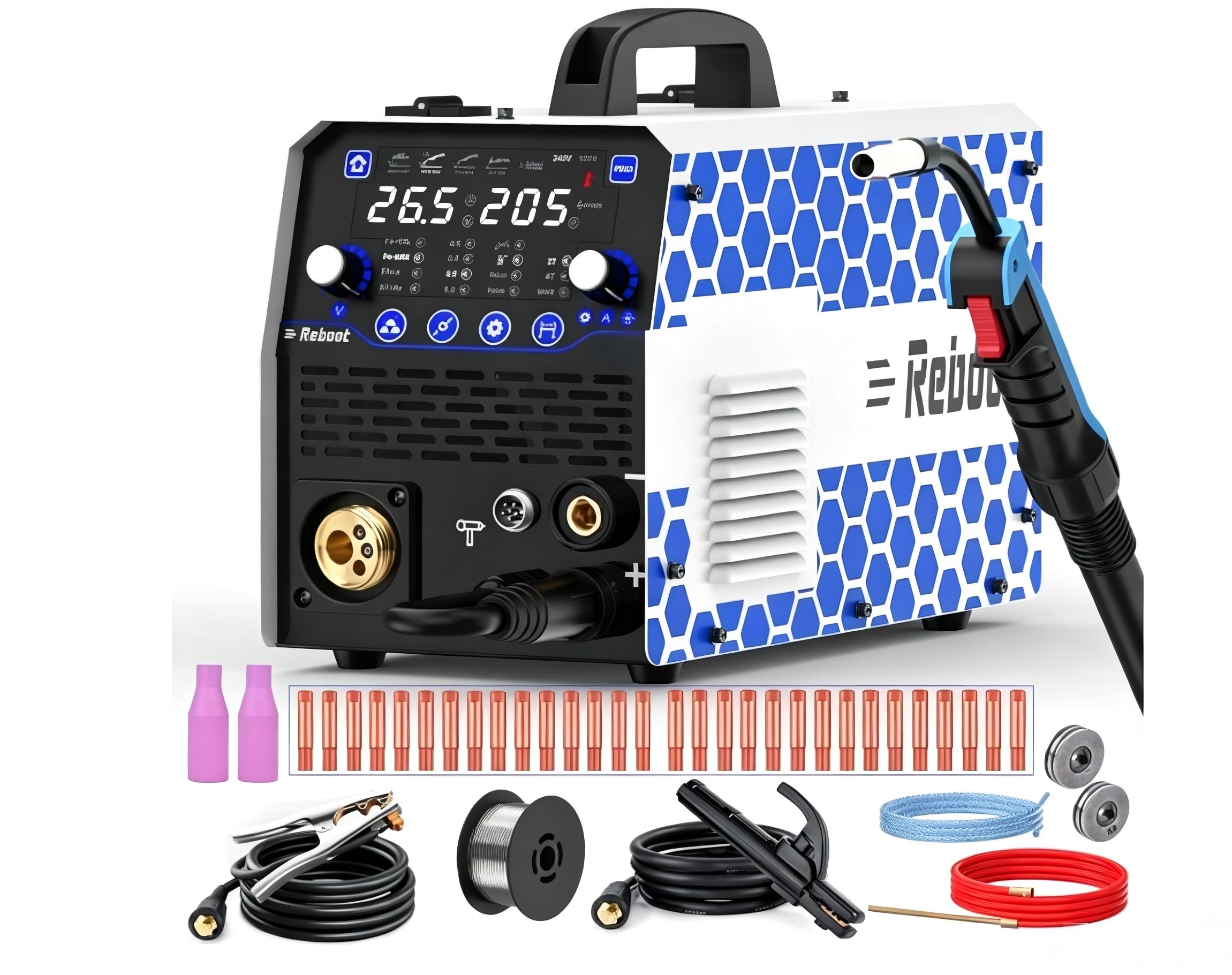 Reboot Soldadora multifunción 7 en 1 205 A – MIG/MAG, sin gas, MMA, Lift-TIG, soldadura por puntos, preparación de aluminio, pantalla digital, 240 V, ideal para bricolaje y taller