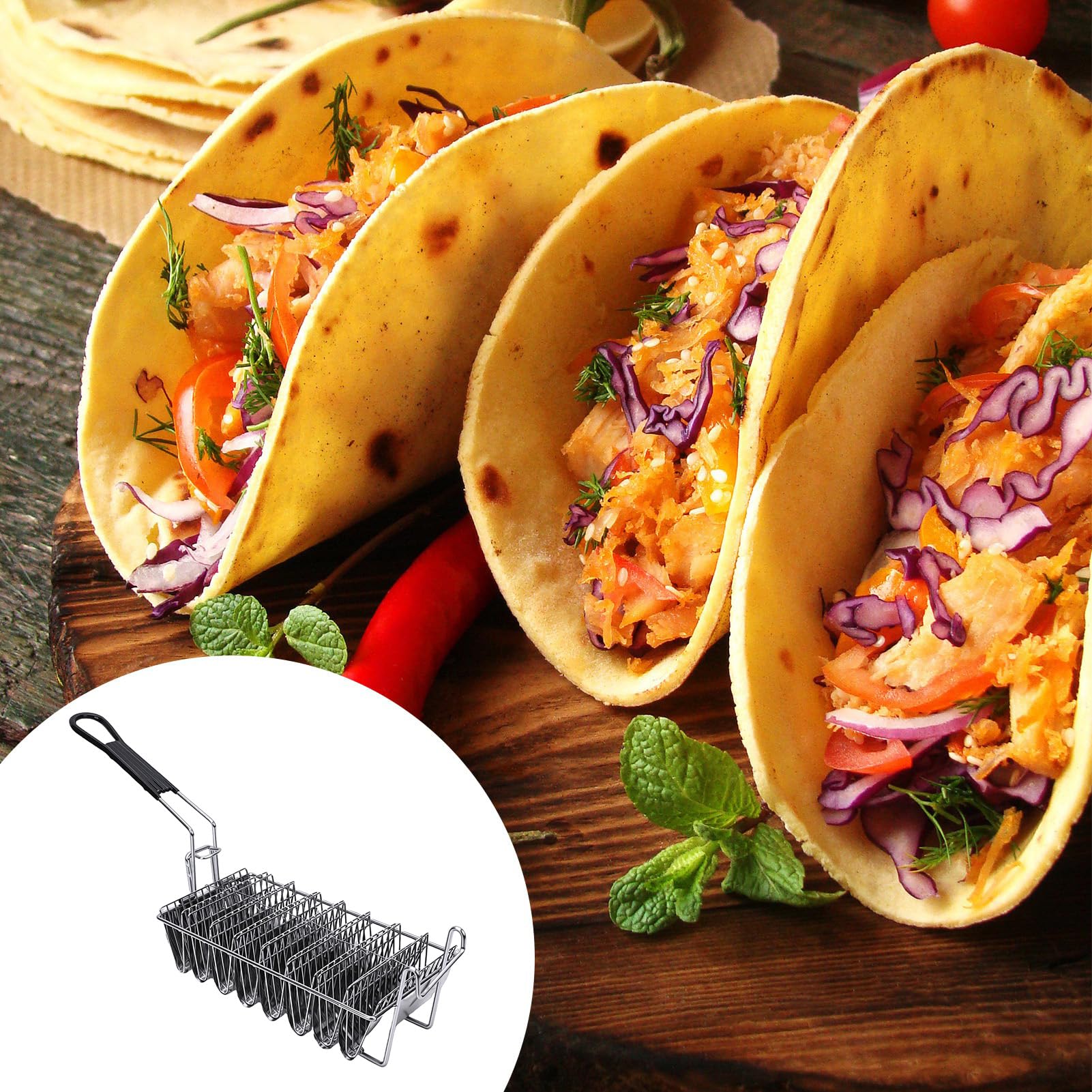 Greensen 8 Cestas para Freír Tacos, Molde de Acero Inoxidable para Tacos en Forma de V con, para Cocina Familiar, Restaurante o Tienda de Pollo frito.