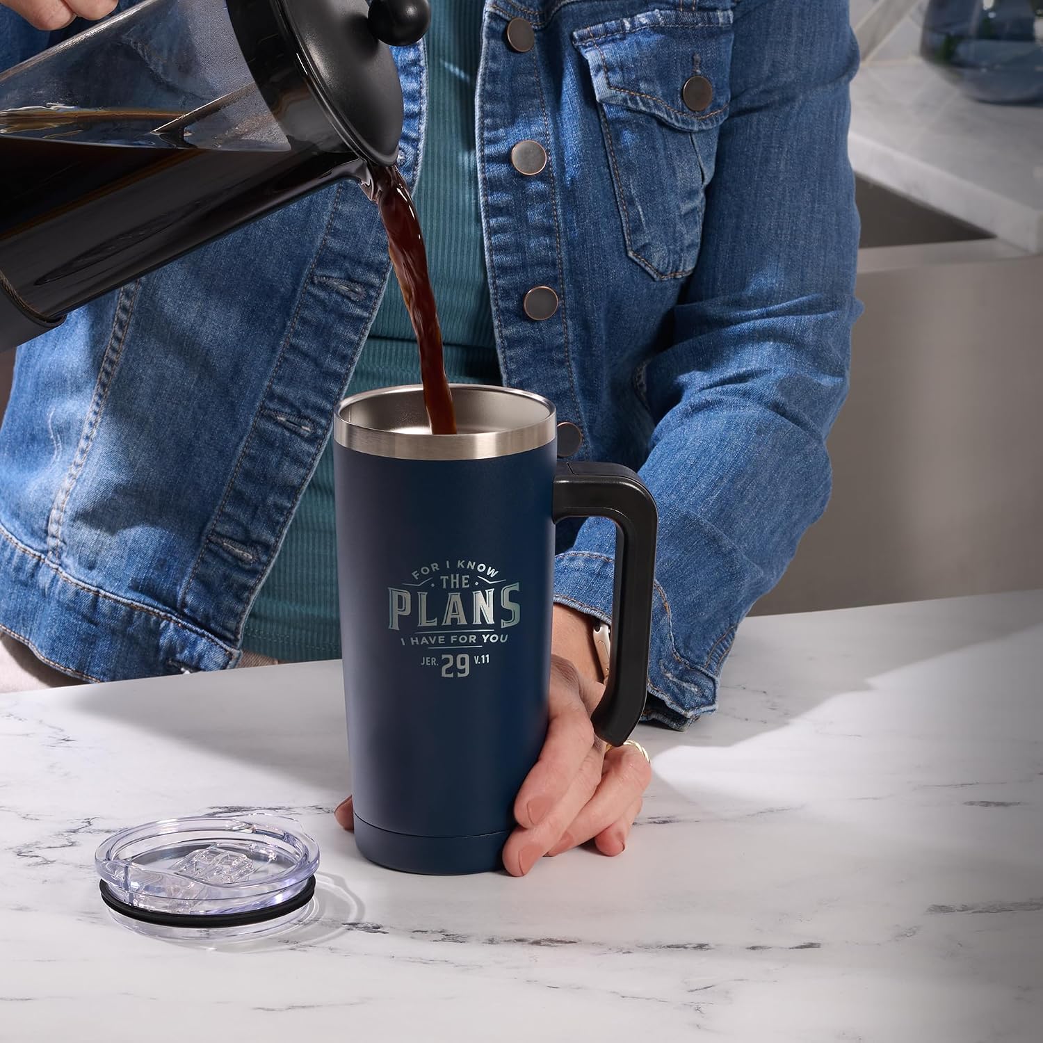 Christian Art Gifts Large Stainless Steel Insulated Vacuum Sealed Inspirational Scripture Travel Mug for Men, Women & Grads: I Know the Plans, Retractable Lid, Sturdy Handle, Navy Blue/Silver, 18 oz.