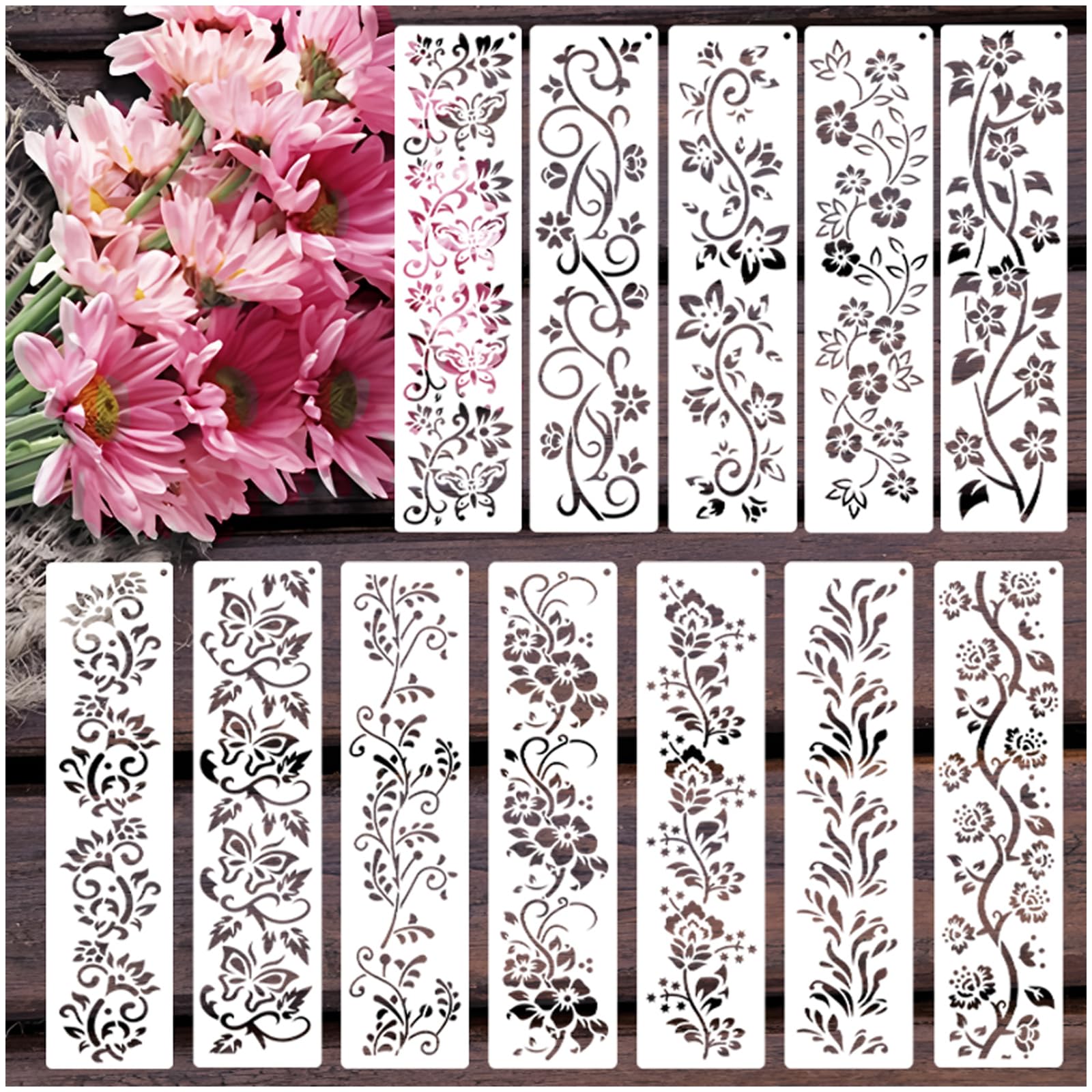 12-PieceStencils for Craft and Art, Floral Painting Templates for DIY Home Decor, Cake Design, and Fabric Painting, Reusable Stencils-image-29