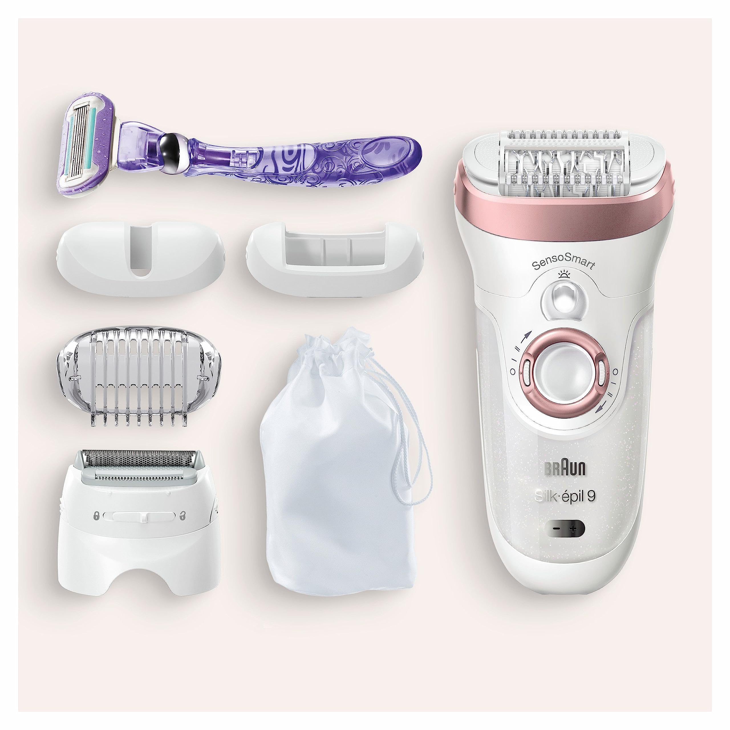 Braun Silk-épil 9 Epilierer Damen / Haarentferner für langanhaltende Haarentfernung, inkl. Venus Swirl Rasierer, Hochfrequenz-Massageaufsatz, 9-870, weiß/roségold