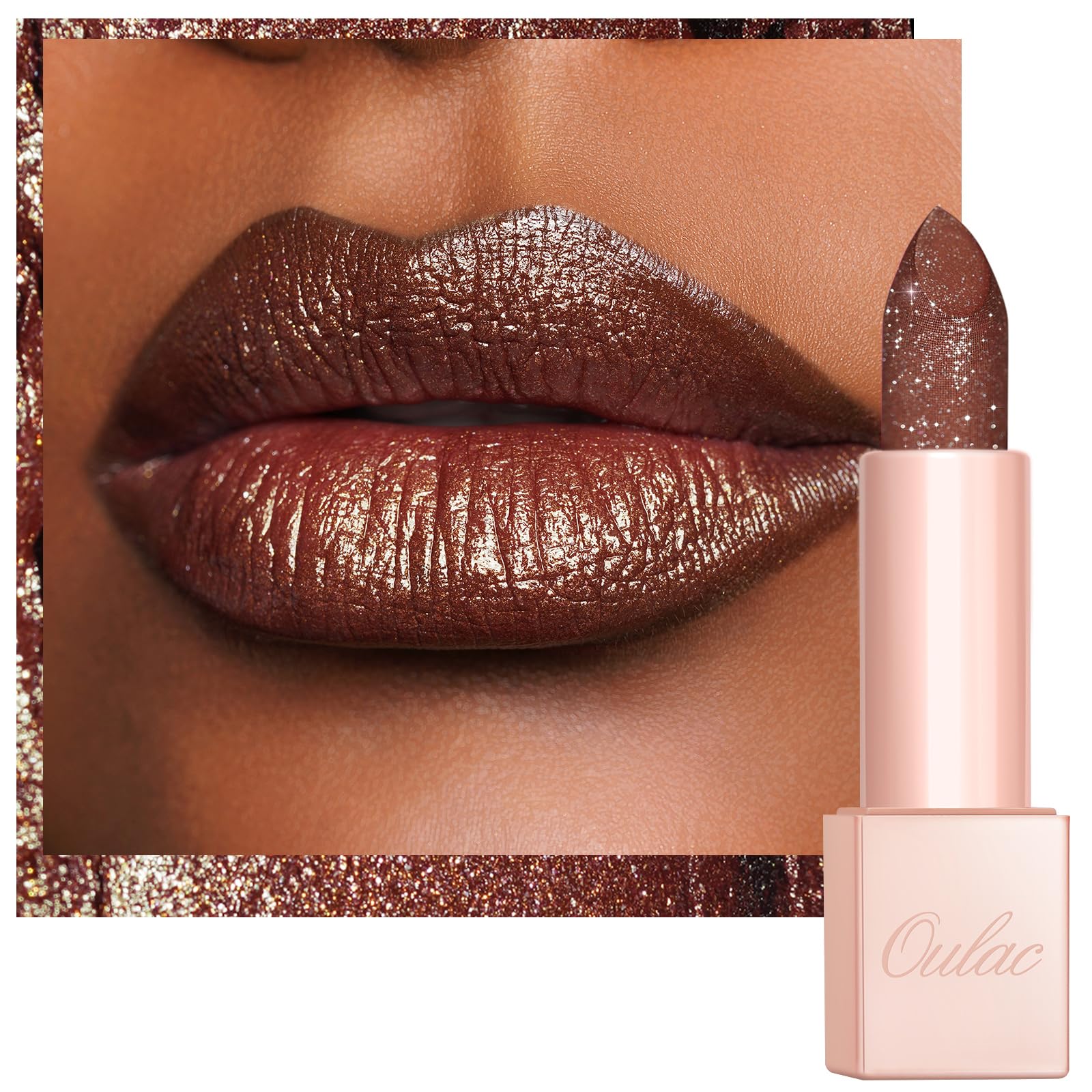 Oulac Brown Glitter Lipstick - Bronze Moisture Tinted Lip Balm, Metallic Sparkly Finish, Shiny lipstick, High Pigment, Creamy Brilliant Lip Color with Shea Butter, Vegan D06 Brown Diamond