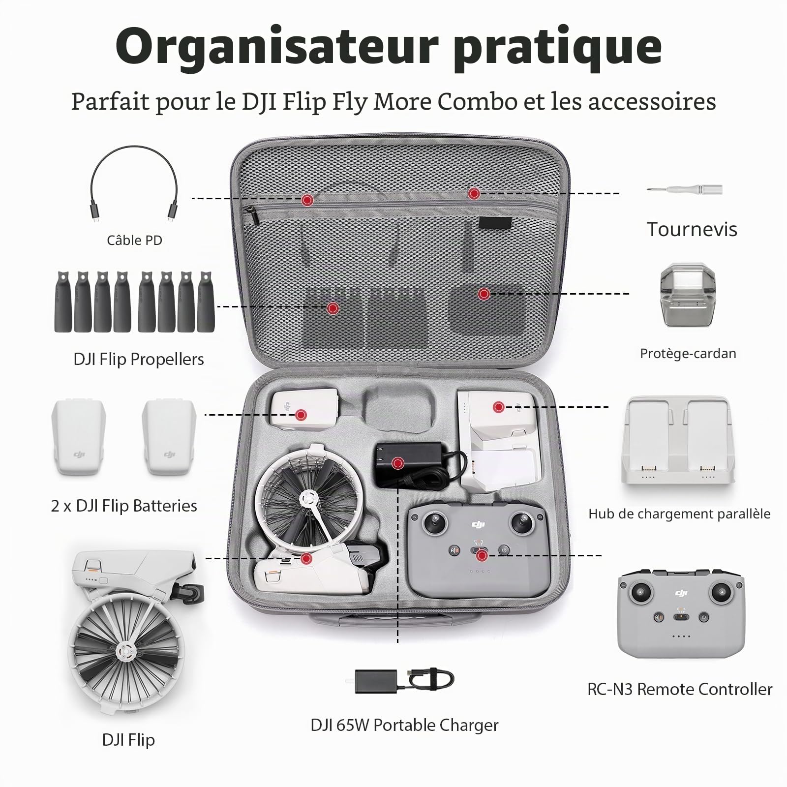 DJI Flip Fly More Combo Sac de Transport Case Étui de Protection pour DJI Flip RC-N3 et 7 Batteries Accessoires de Drone Sac de Voyage Portable PU avec Sangle de Transport, Gris