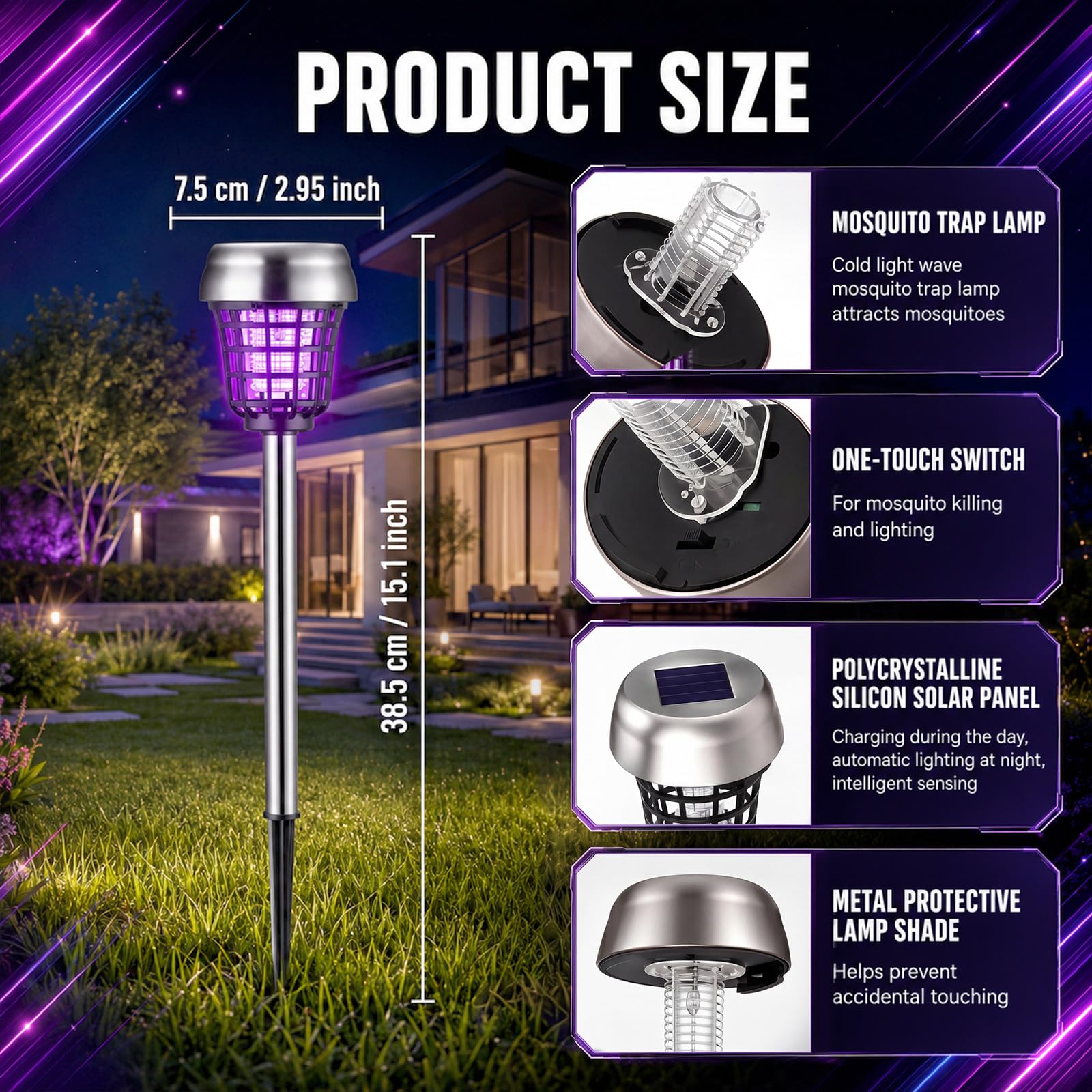 Qualirey 12 piezas de matamosquitos solar para exteriores, impermeables, matamosquitos con energía solar, lámpara repelente de mosquitos para patio, jardín, insectos (púrpura/luz de llama, acero