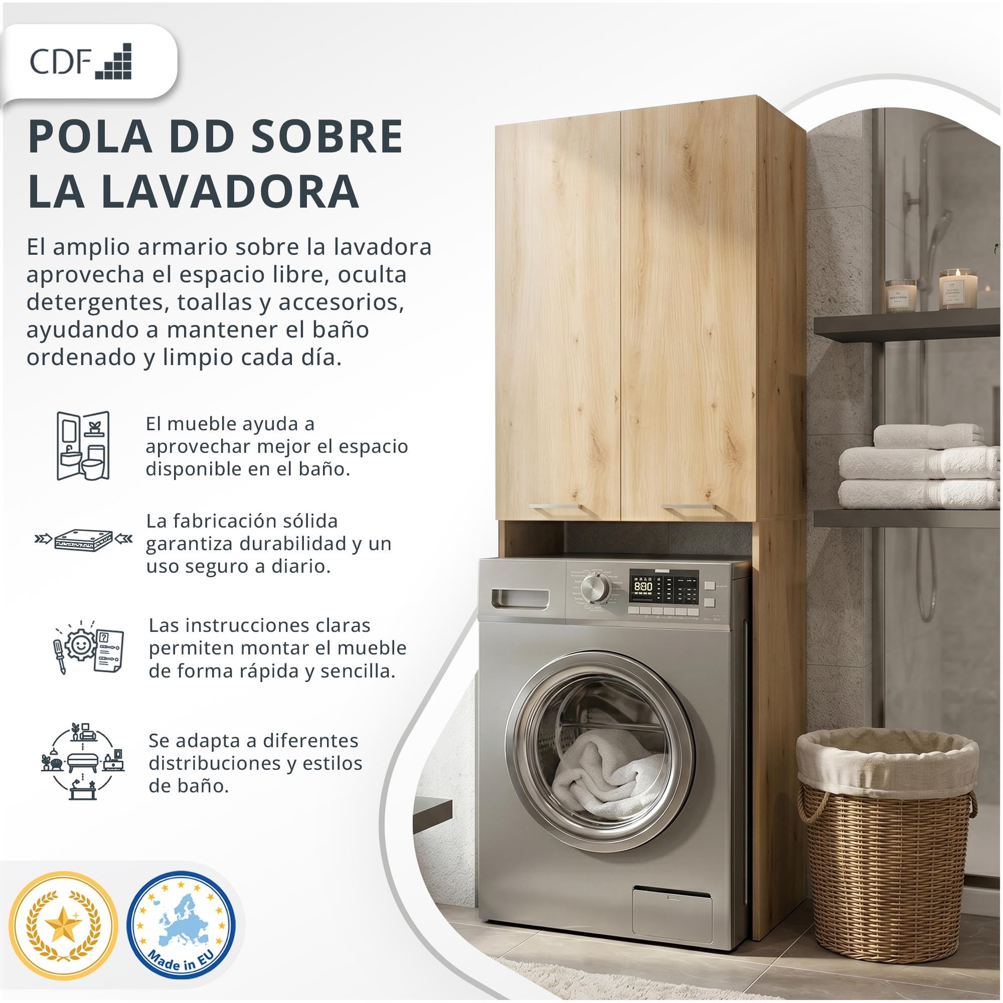 CDF Mueble Alto para Lavadora Secadora Armario Alto de Baño WC Cocina con 4 Estantes 2 Puertas Columna Organizador Cosméticos Detergente Estantería Moderna – Roble Artisan