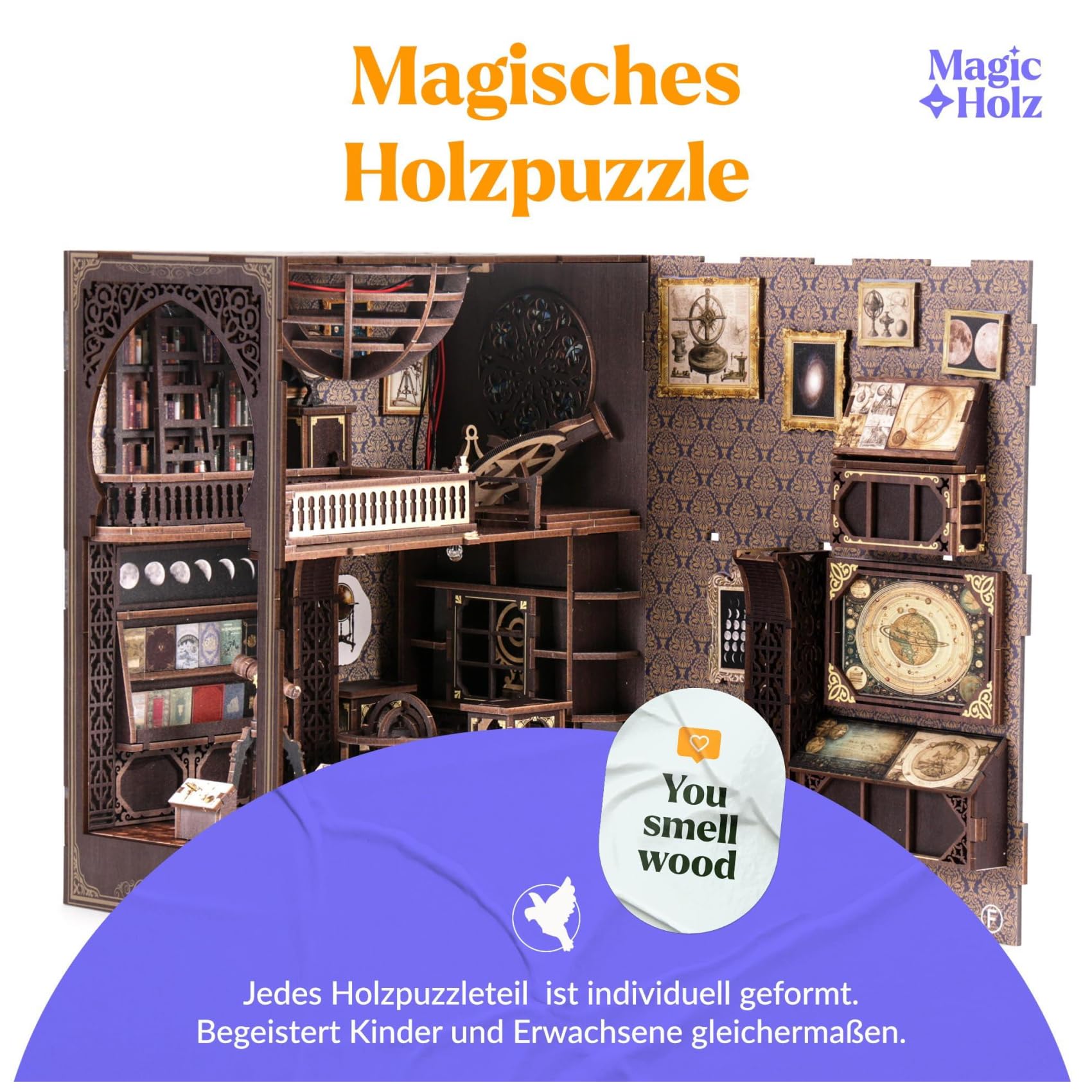 MaHo MagicHolz – Book Nook Astronomie Museum – DIY Book Nook Kit aus Holz – Booknook Diorama Miniatur Bausatz mit LED Lampe – 3D Puzzle Bücherregal Deko & DIY Buchstütze basteln