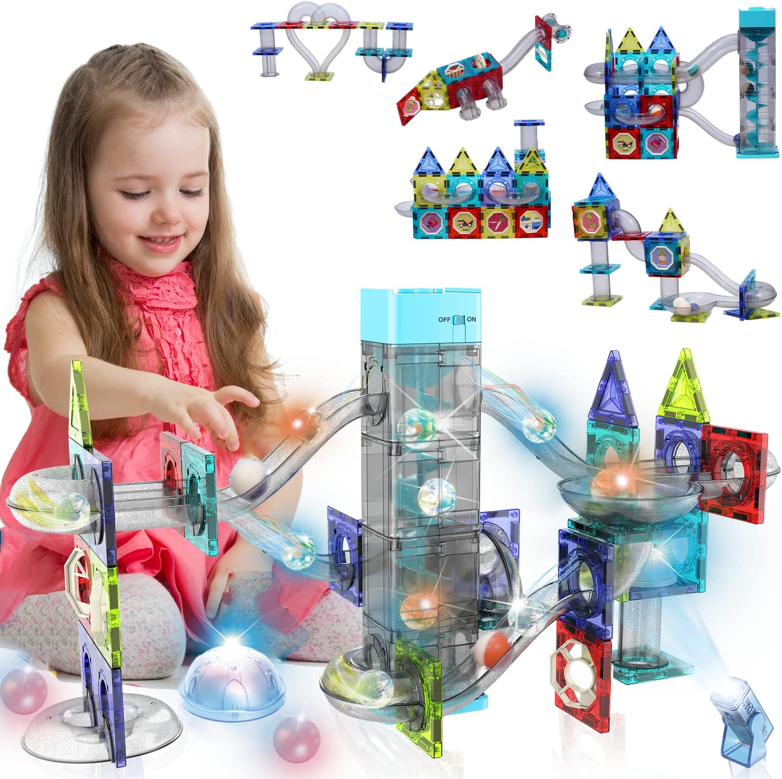 Couomoxa Elevator Magnetic Marble Run Race Track Magnetic Tiles Magnet Building Block Educational Construction Toy Play Set STEM Kit Toys for Kids Ages 3 4 5 6 7 8 10+Year Old Boys Girls Gift
