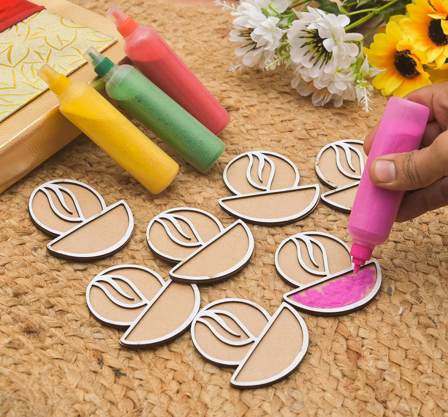 Haoser Pack of 12 Wooden Diwali Craft Cutouts – 2.7mm Pine MDF Swastik, Lotus, Feet & Diya Shapes for DIY Painting, Home Temple Wall Hanging, Festive Wedding Decoration & Rangoli Borders (3x3 Inch) (Deepak)