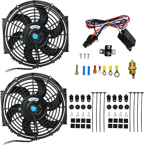 BLACKHORSE-RACING Ventiladores de refrigeración de radiador eléctrico universal de 16 pulgadas + relé de termostato y kit de montaje (2 piezas)