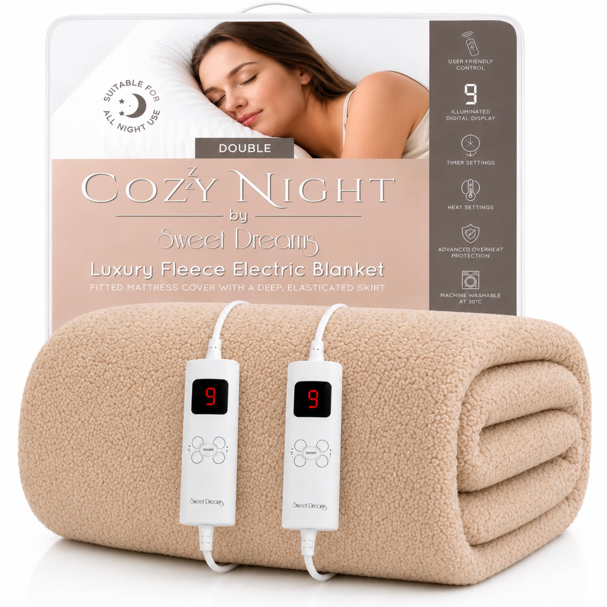 Sweet Dreams Double Electric Heated Blanket - Cream - 193 x 137cm - 9 Heat Settings - Dual Controller