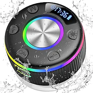 Bluetooth Shower Speaker, Portable Shower Speakers Wireless Bluetooth 5.3 with Time Display, Bluetooth Speakers with RGB Light Show, Suction Cup, Waterproof IP7, 360° Stereo Sound, Handsfree with Mic