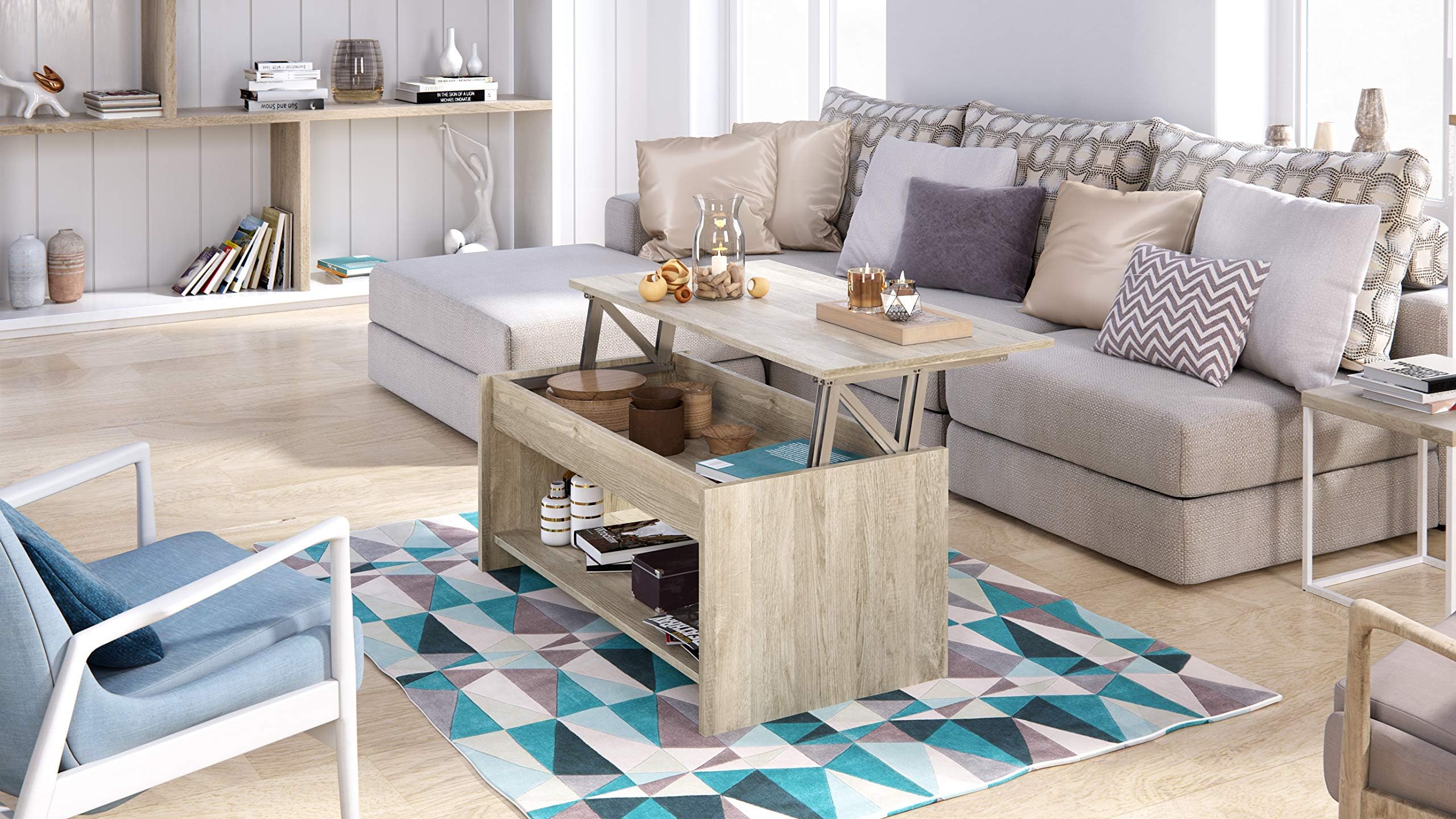 Amazon Brand - Movian Aggol Lift-Top Rectangular Coffee Table with 1-Shelf, 50 x 100 x 44cm, Light Brown Oak-Effect