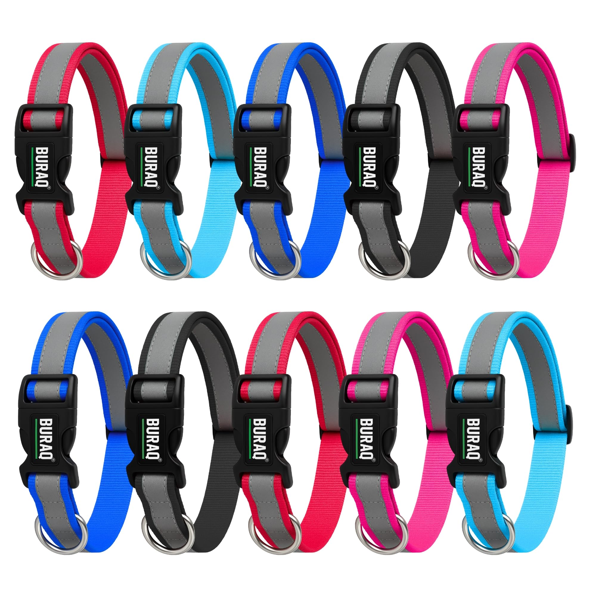 Buraq 10 Pcs Reflective Dog Collar Set, Durable & Adjustable Nylon Dog Belt for Small, Medium & Large Dogs, D-Ring & Soft Comfort Fit, Night Safety Design (Pack of 10)-image-9