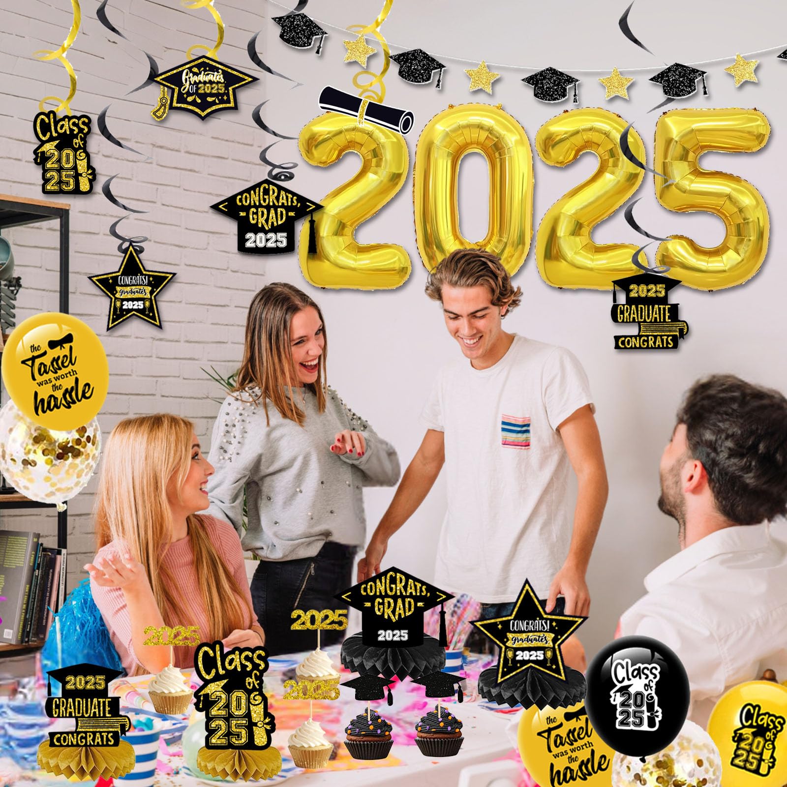 Graduation Decorations 2025-Black and Gold Graduation Party Decorations Class of 2025 with Banner, Balloons, Centerpieces, Cupcake Topper, Fringe Curtains, Hanging Swirls, Photo Props, Sash