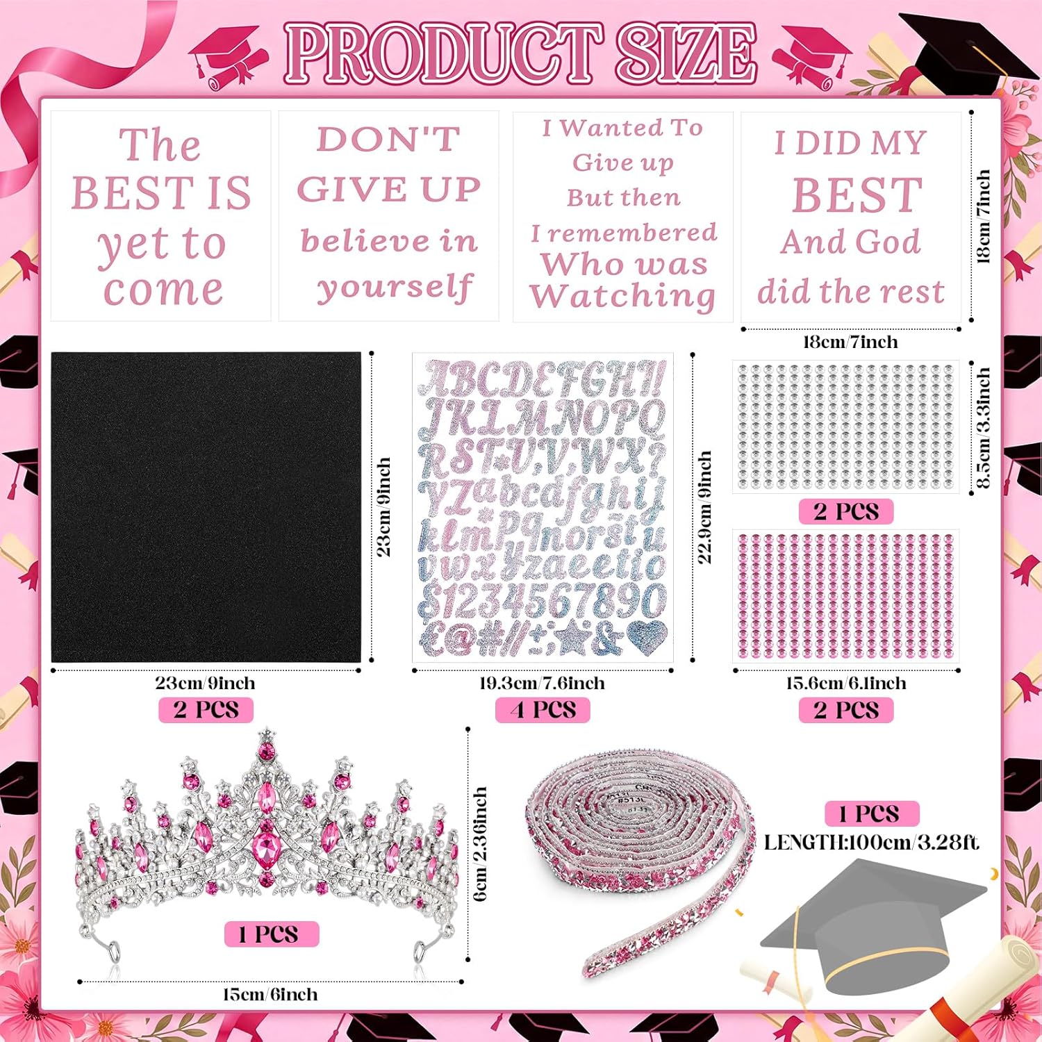 Dunzoom 2026 Crown Graduation Cap Decorations Kit Tiara Crown for Graduation Hat DIY Letter Stickers Construction Paper for Grad caps 2026 Grad Cap Decoration DIY for Gard Party Supplies(Pink)