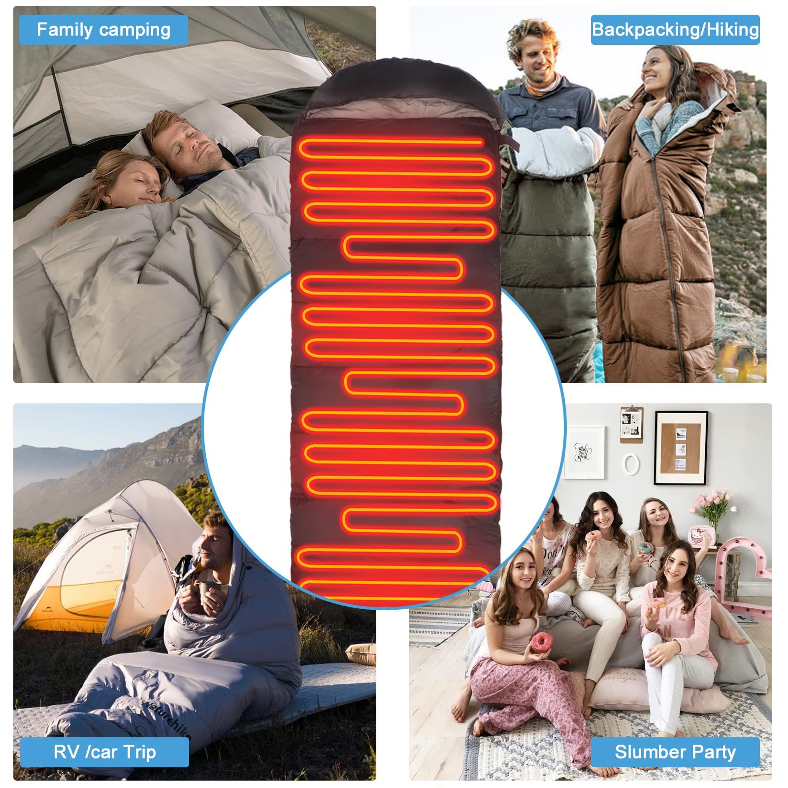 Saco de dormir con calefacción, almohadilla térmica eléctrica con 3 niveles de calefacción ajustables, almohadillas de calefacción alimentadas por USB, capucha ajustable, saco de dormir de camping de