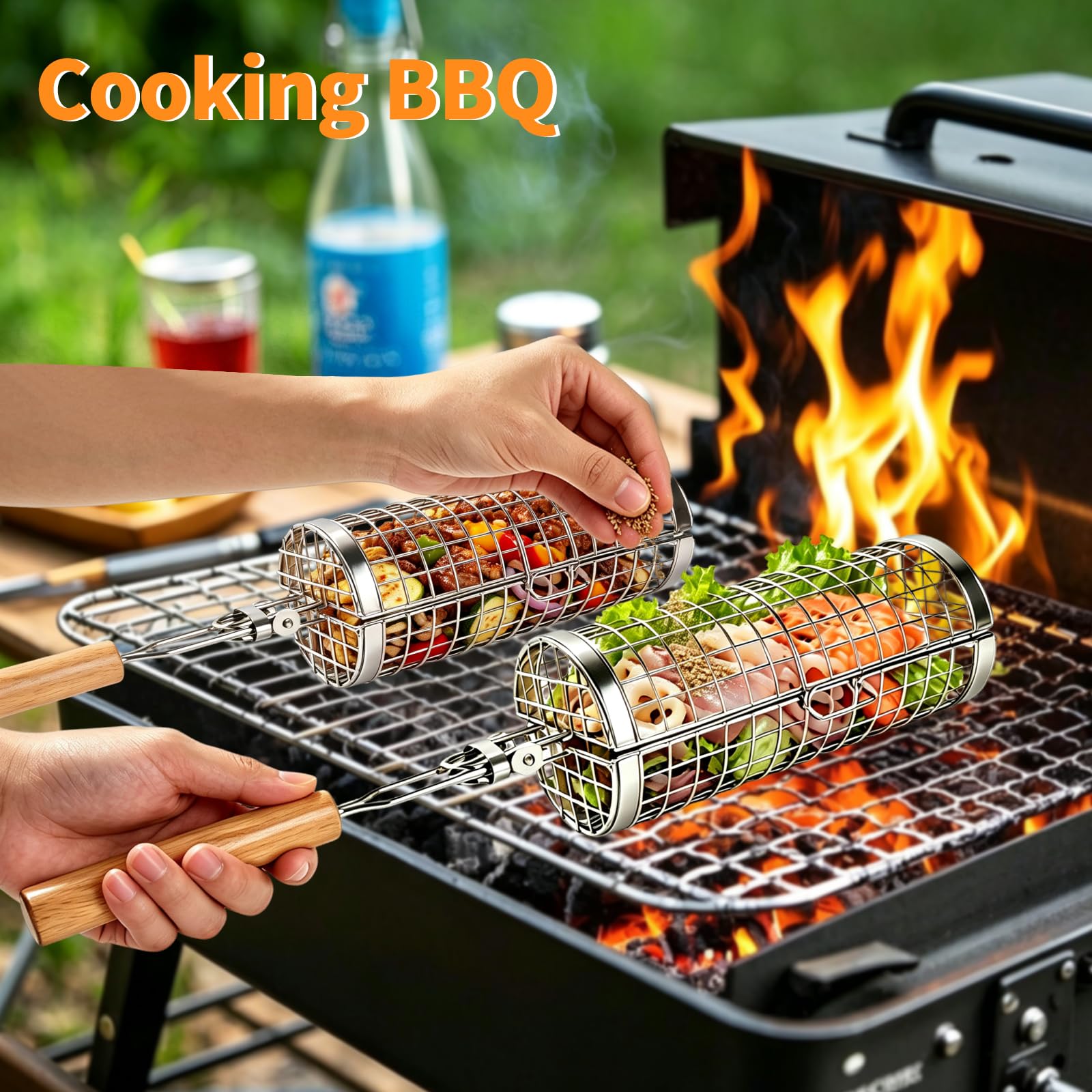 Cestello BBQ Rotante Acciaio Inox 304 Accessorio Grill Apertura a Conchiglia e Manico in Legno Smontabile Ideale come Regalo per la Festa del Papà Compleanno Natale Capodanno Uomo (S+XL)