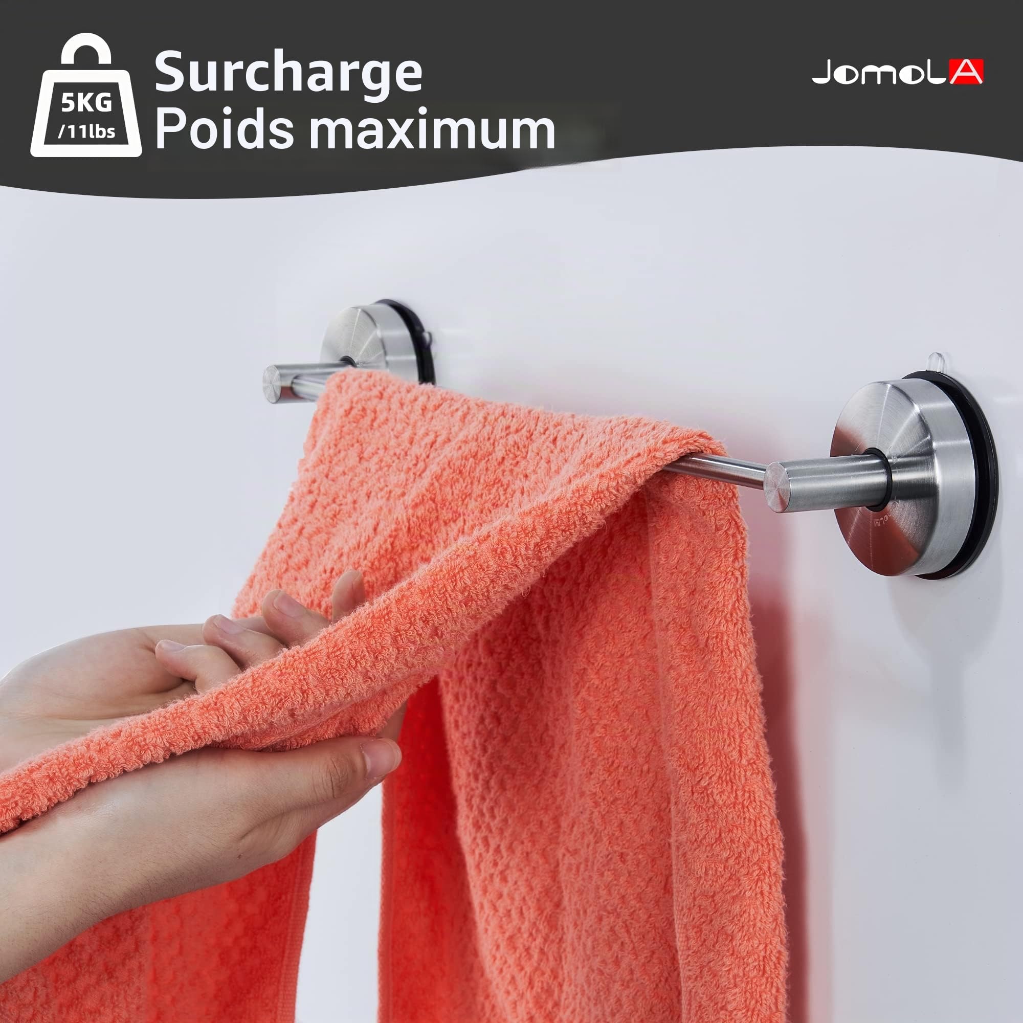 Barres Porte-Serviettes - JOMOLA Porte-Serviettes à Ventouse de 42,8 cm pour Salle de Bain et Cuisine Support Serviette Mural Acier Inoxydable Ventouse Barre de Serviette sans Perçage, Argenté