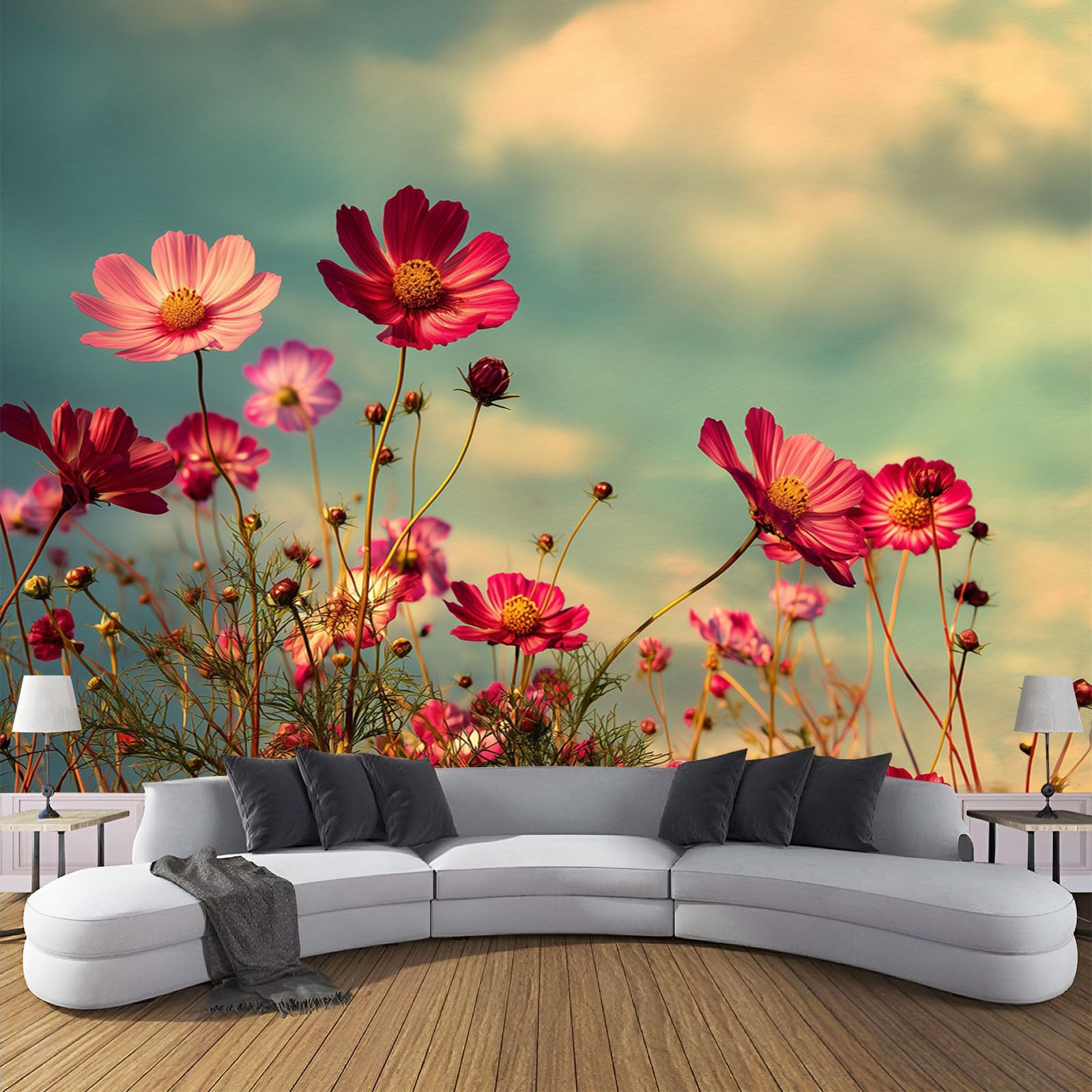 Papier Peint Panoramique Fleurs et Ciel Cosmos pour Salon Cosy