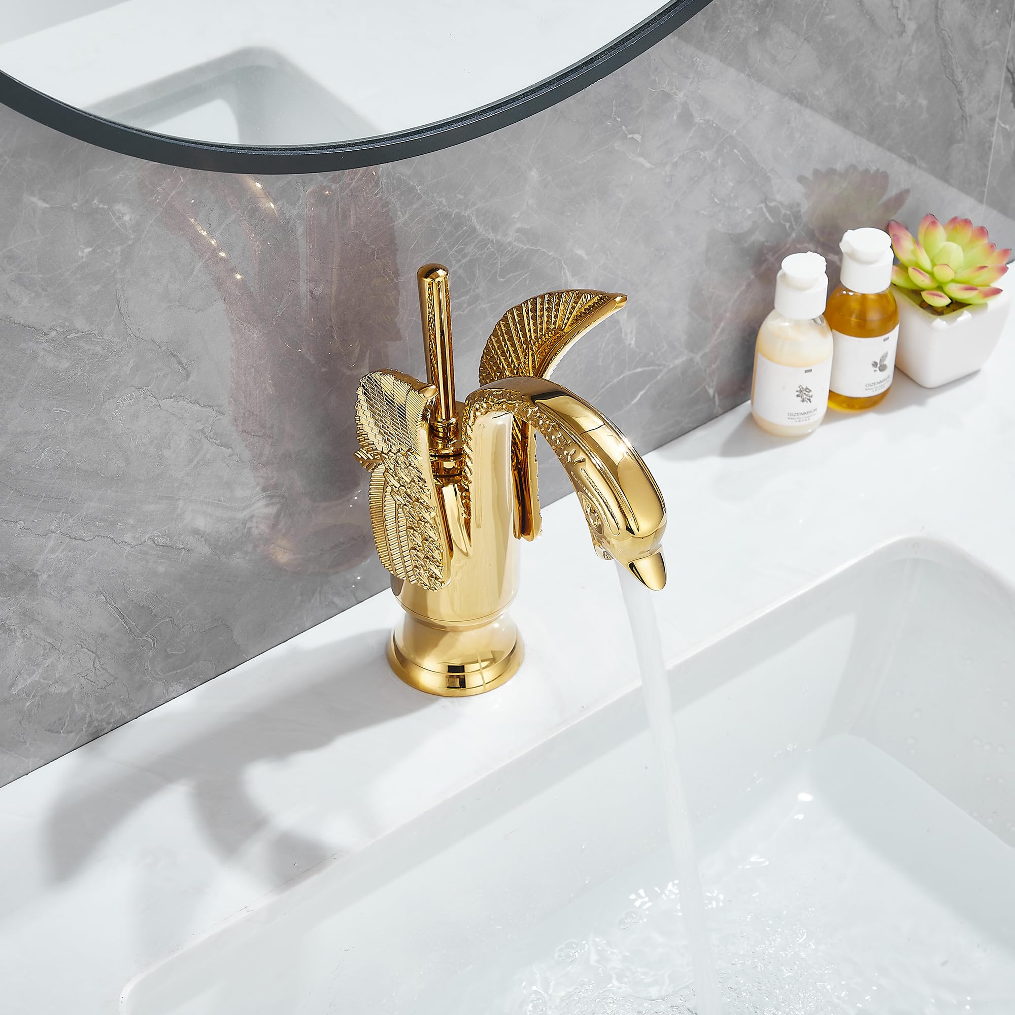 Grifo de baño dorado con forma de cisne GGStudy con un solo mango, un agujero, grifo de lavabo para lavabo
