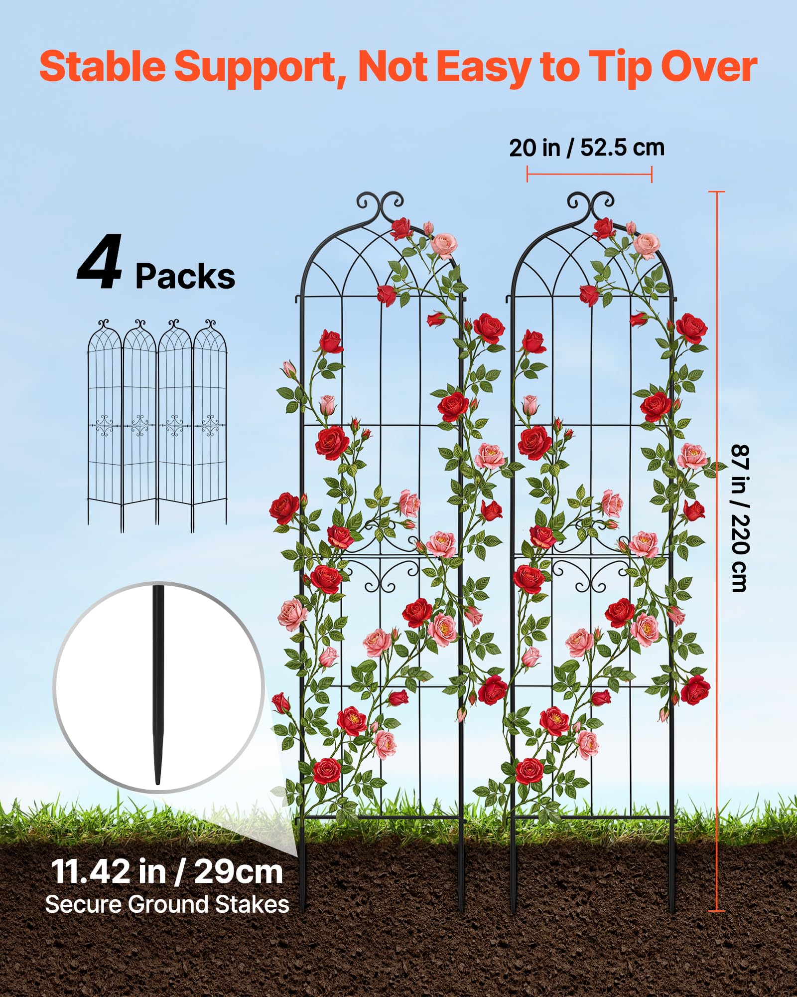 VEVOR Rankgitter, 220x52,5cm 4er-Pack, Metall Rankhilfe mit Pulverbeschichteter Oberfläche & Verriegelungsmechanismus, Kletterhilfe, Garten Spalier, Pflanzengitter für Blumen, Gemüse & Rosen
