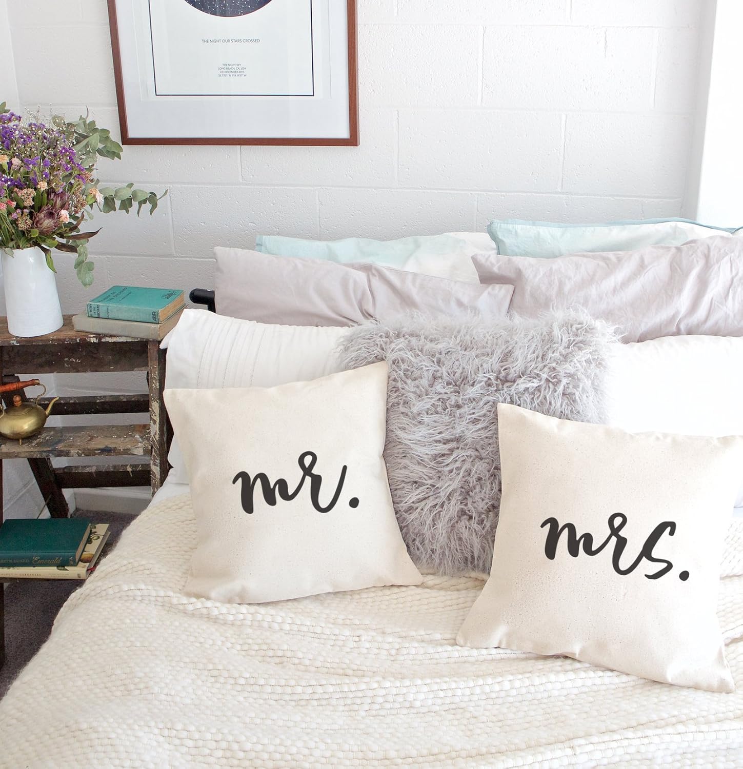 The Cotton & Canvas Co. Mr., Mrs. Home Decor Pillow Cover, Pillowcase, Cushion Cover, Decorative Throw Pillow Cover, 2-Pack (Natural Color, Not White)